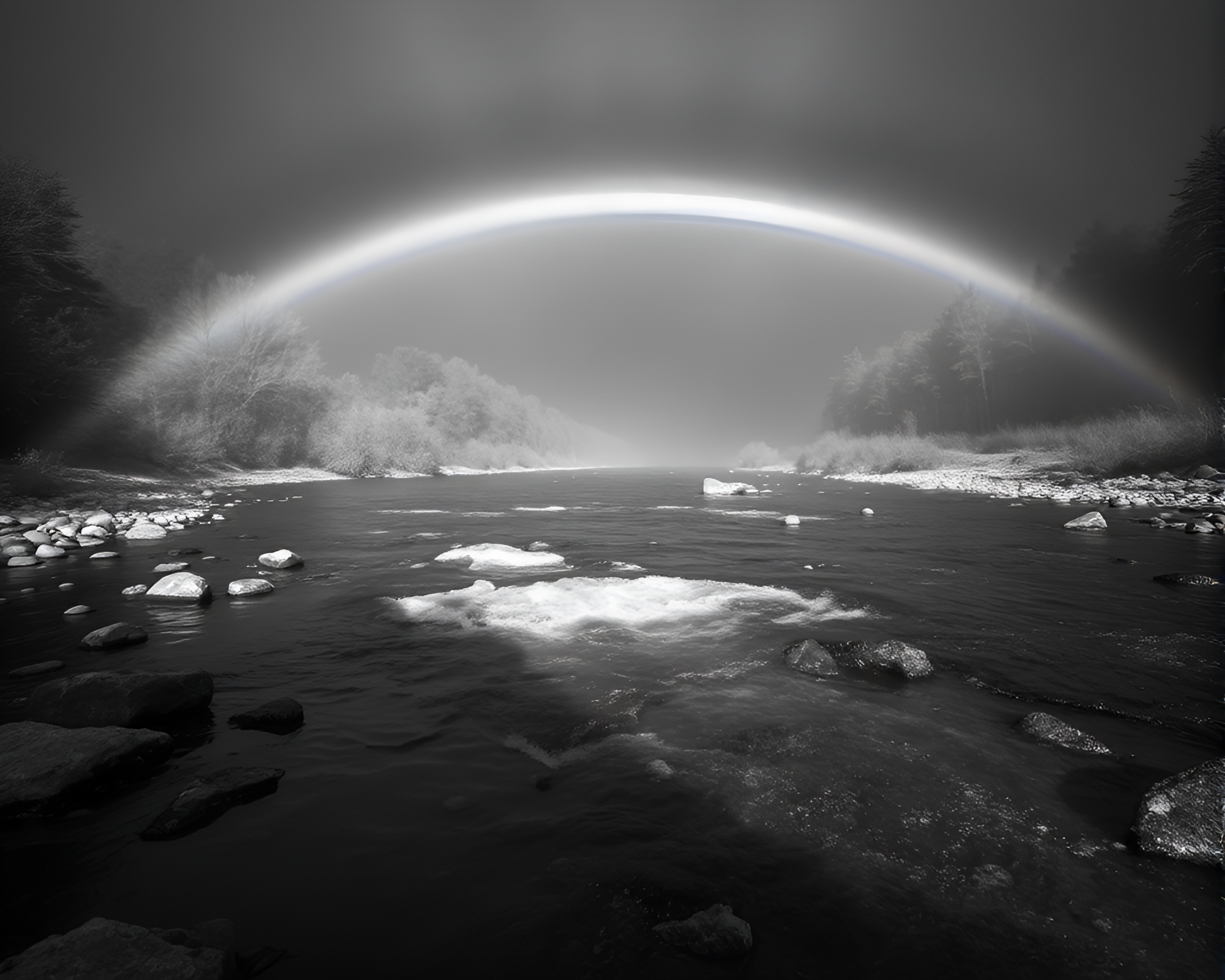 Savage River Rainbow Refraction: High-Key Monochrome Scene – free AI stock image