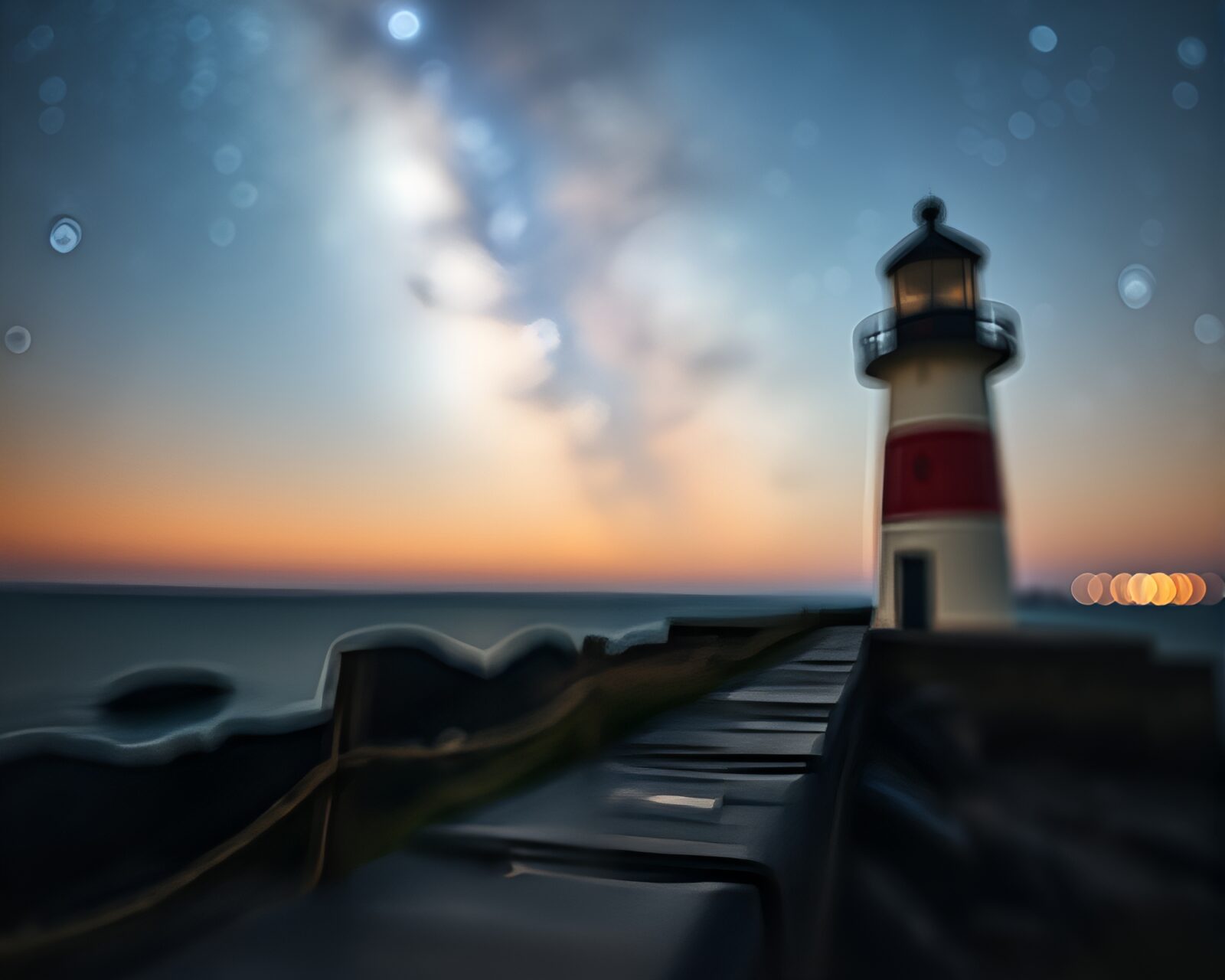 Dreamy impasto painting of an abandoned lighthouse under starry night