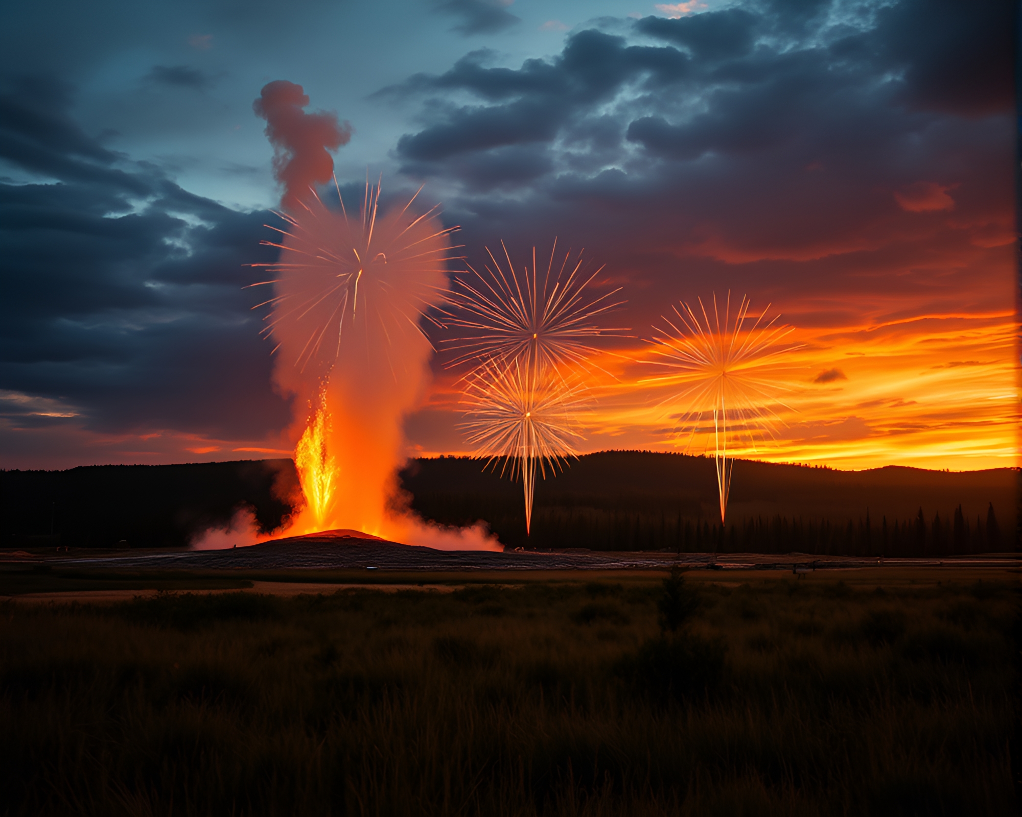 Golden Hour Geyser Field Fireworks Burst – free AI stock image