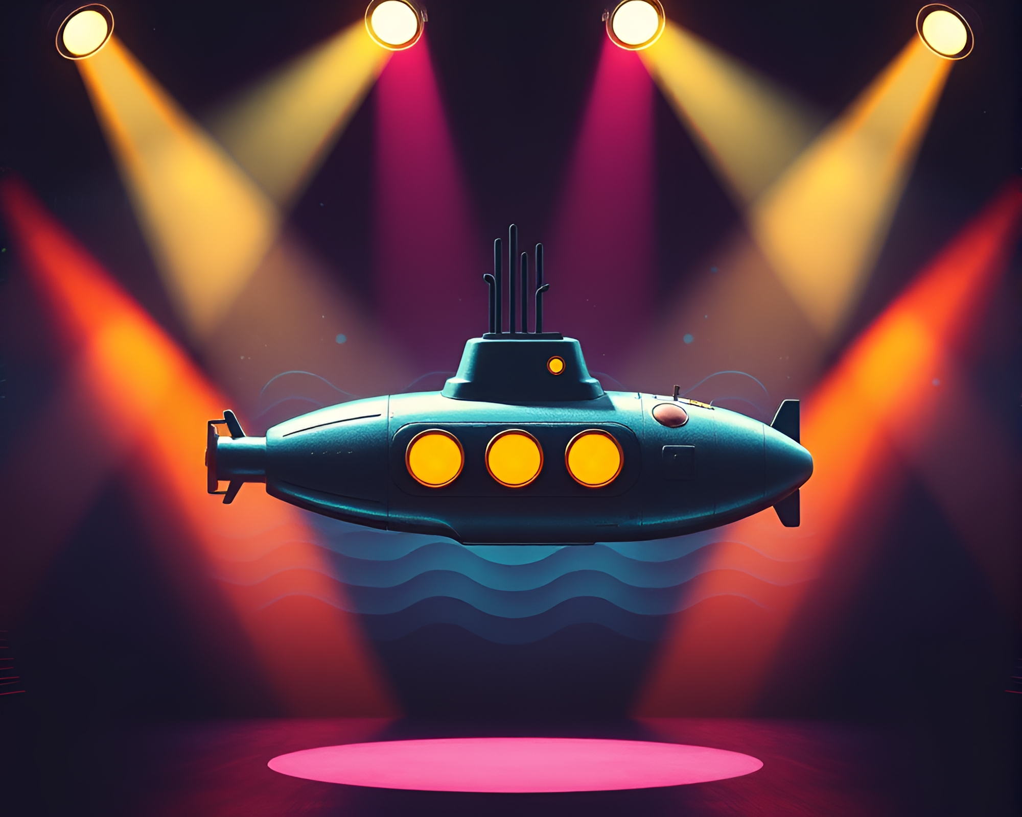 Retro Futuristic Submarine Under Dramatic Stage Spotlight – free AI stock image