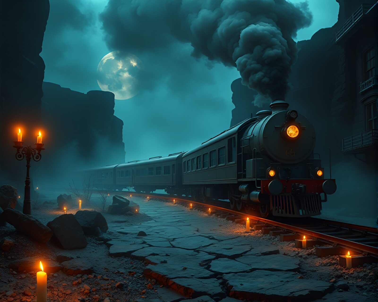 Futuristic train gliding over parched land in dim, hazy light