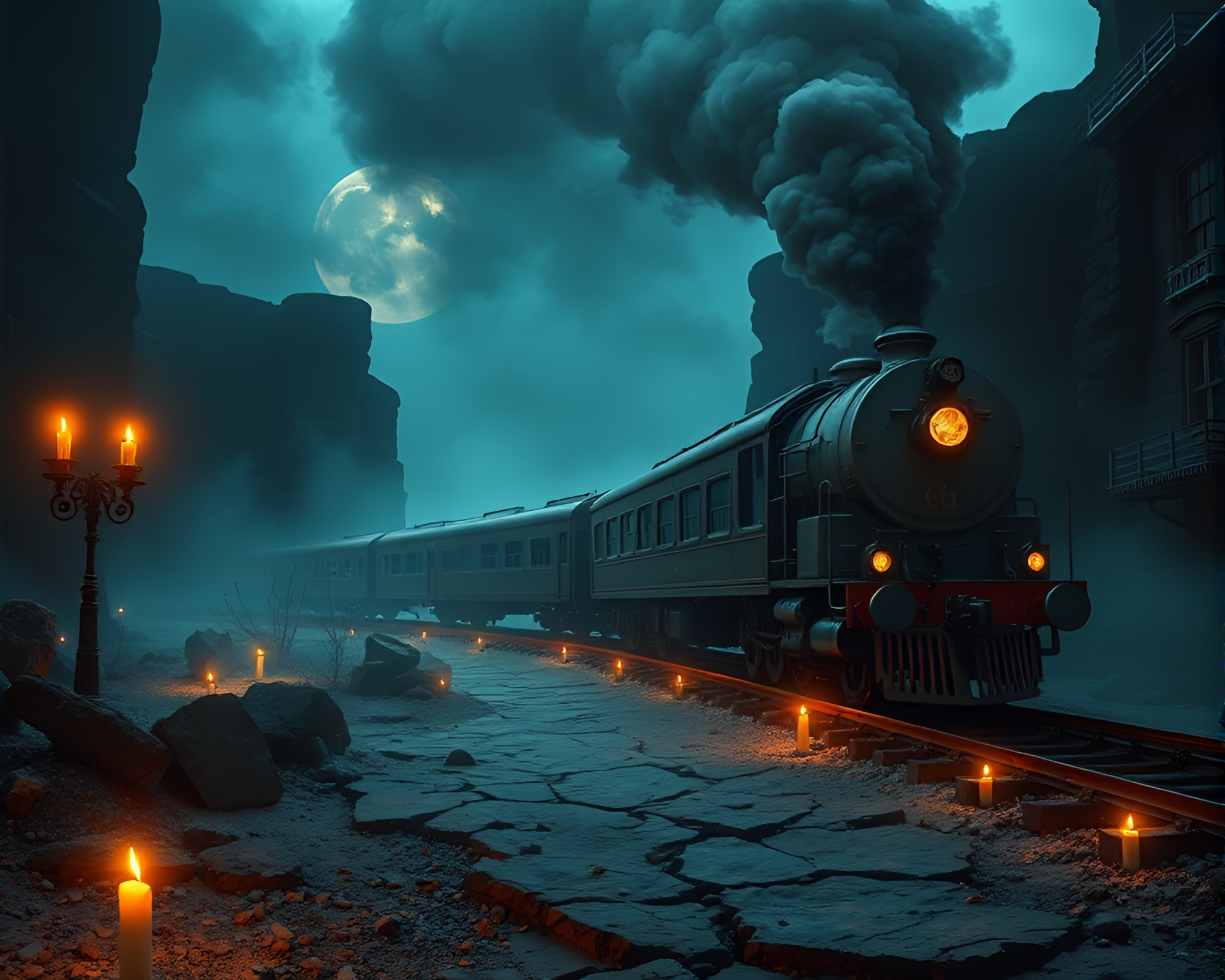 Magnetic Levitation Train Crossing Cracked Earth Under Smoky Candlelit Skies – free AI stock image