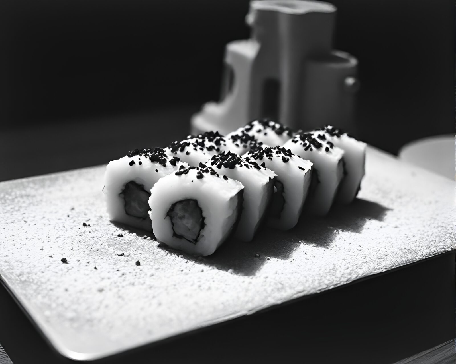 Monochrome sushi platter with dust particles, grainy film effect