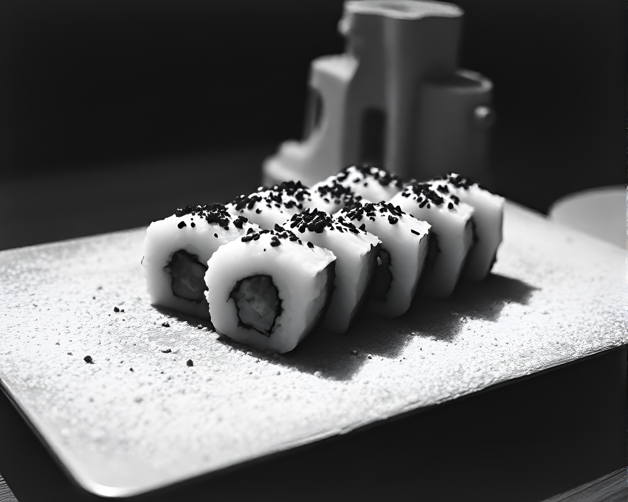 Grainy Film Sushi Platter Composition with Dust Overlay – free AI stock image