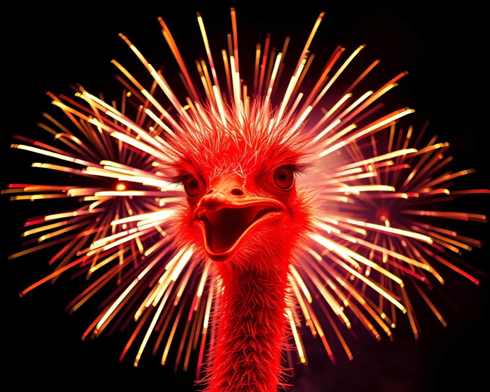 Colorful neon ostrich celebrating under fireworks bursts.