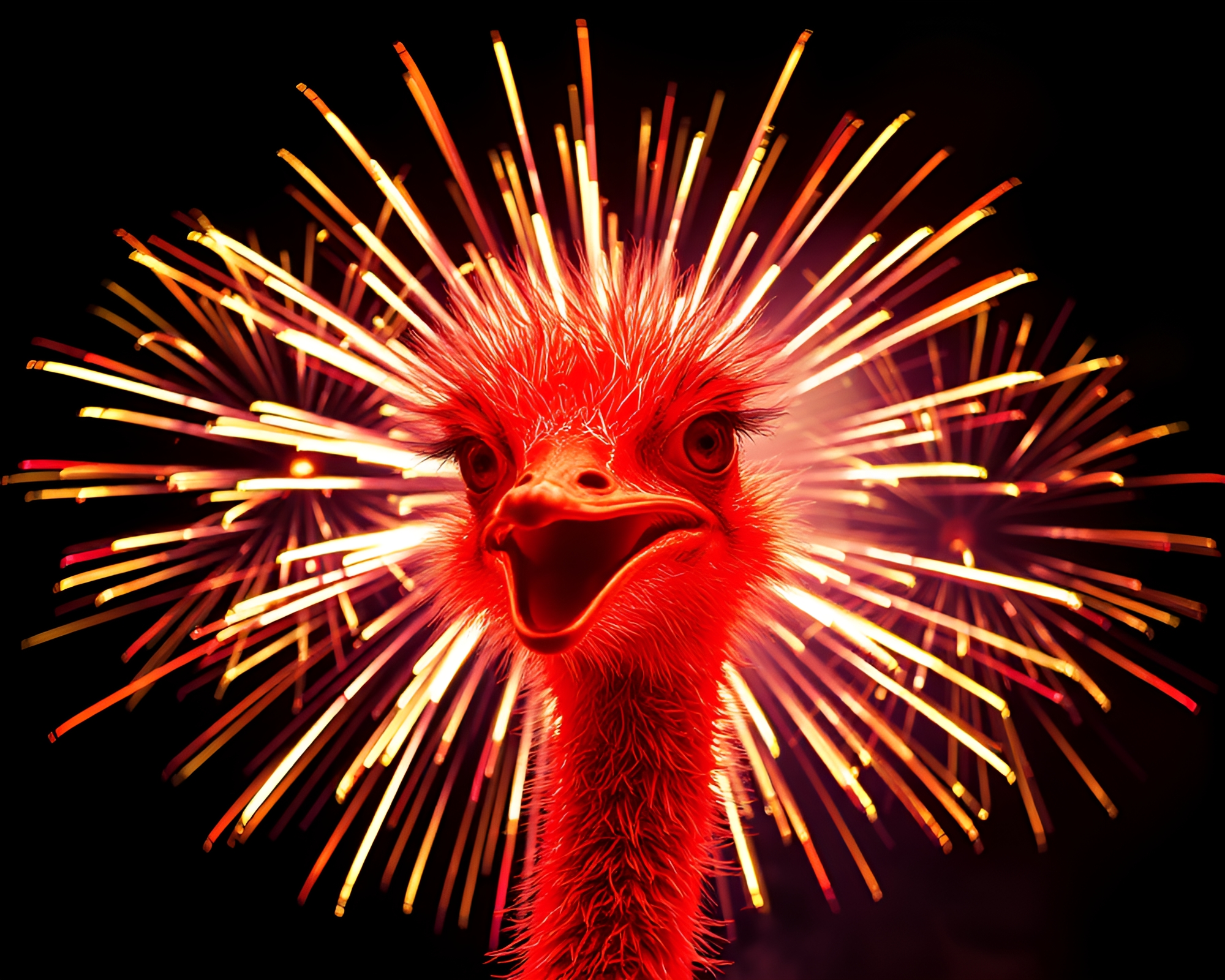 Vibrant Neon Ostrich amid Fireworks Display – free AI stock image