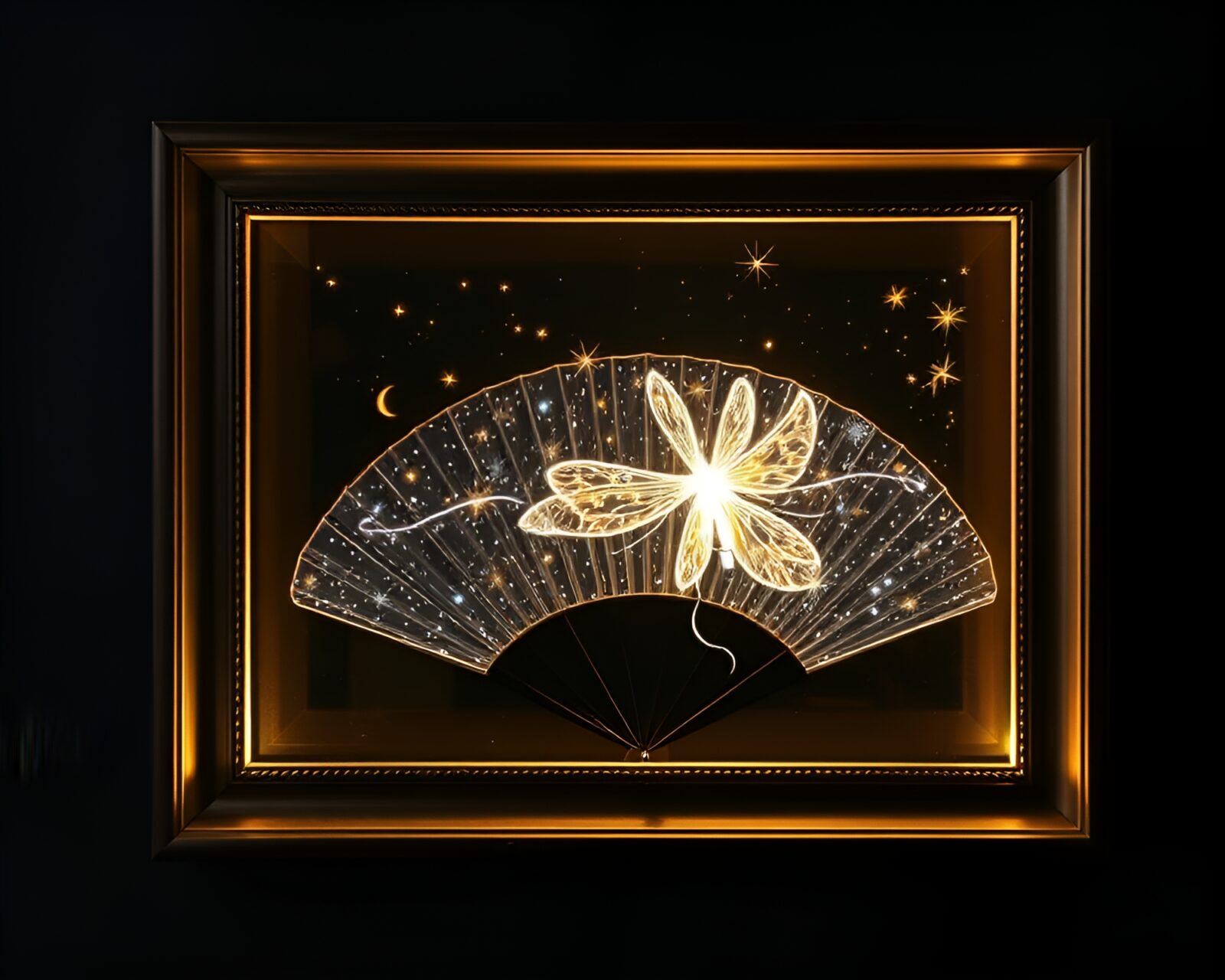 Glowing firefly-lit hand-painted fan in a chalk-drawn frame