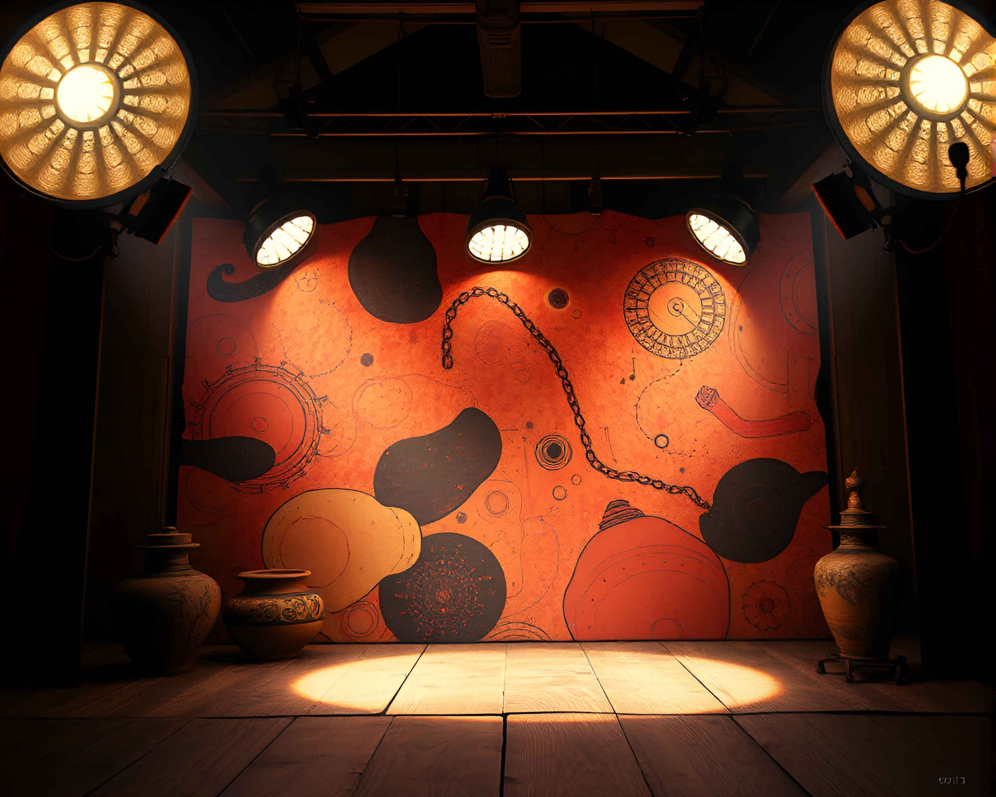 Dadaist Rustic Pottery Under Concert Stage Lights – free AI stock image