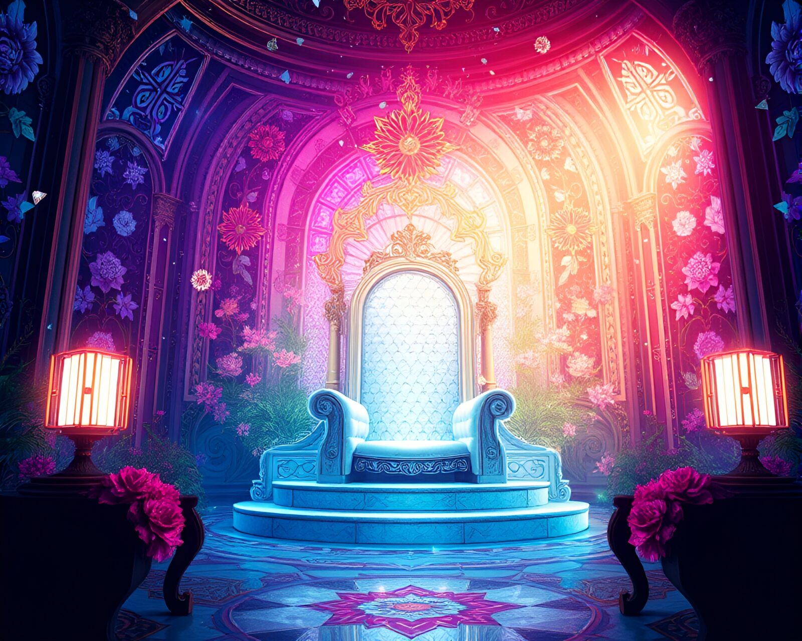 Vibrant illustration of Augmented Reality throne room with kaleidoscope glow