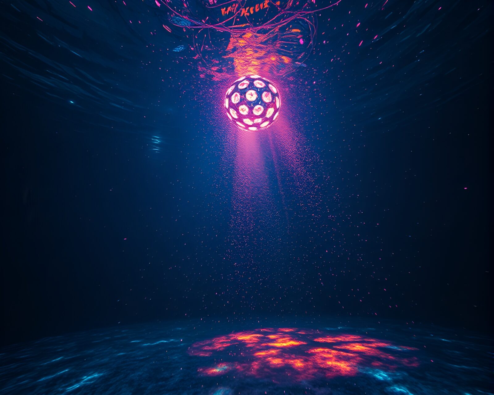 Mystical 90s grunge style aquarium with shimmering laser beams