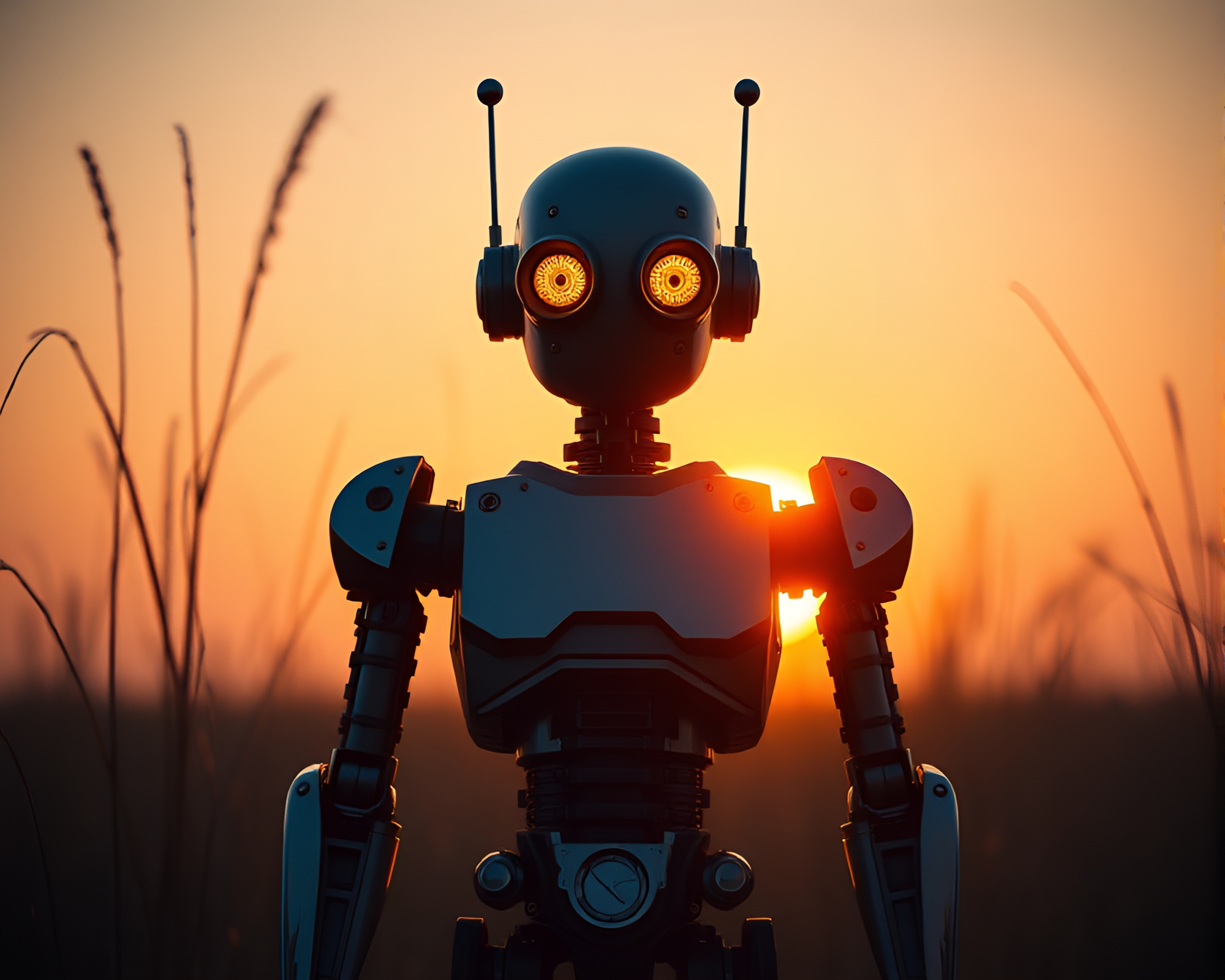 Golden Hour Steampunk Robot in Minimalist Setting – free AI stock image
