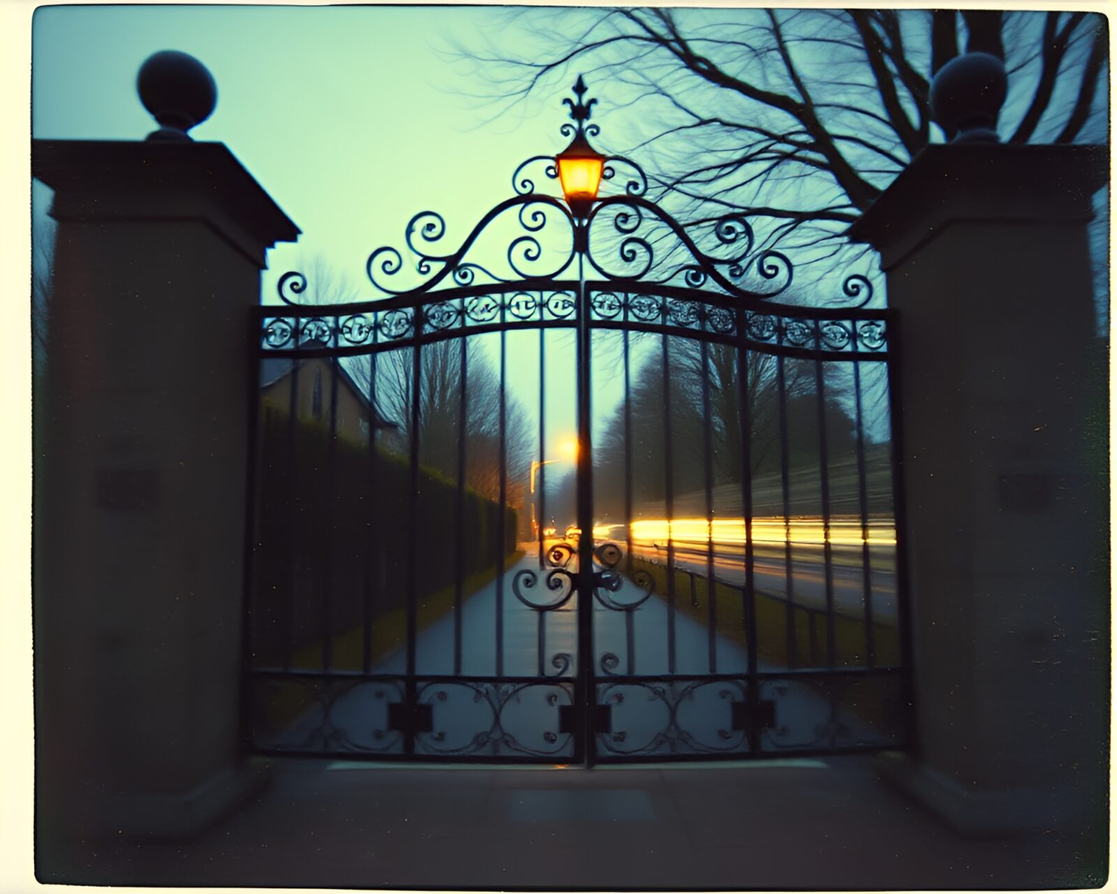 Elegant gate in motion blur, vintage polaroid style