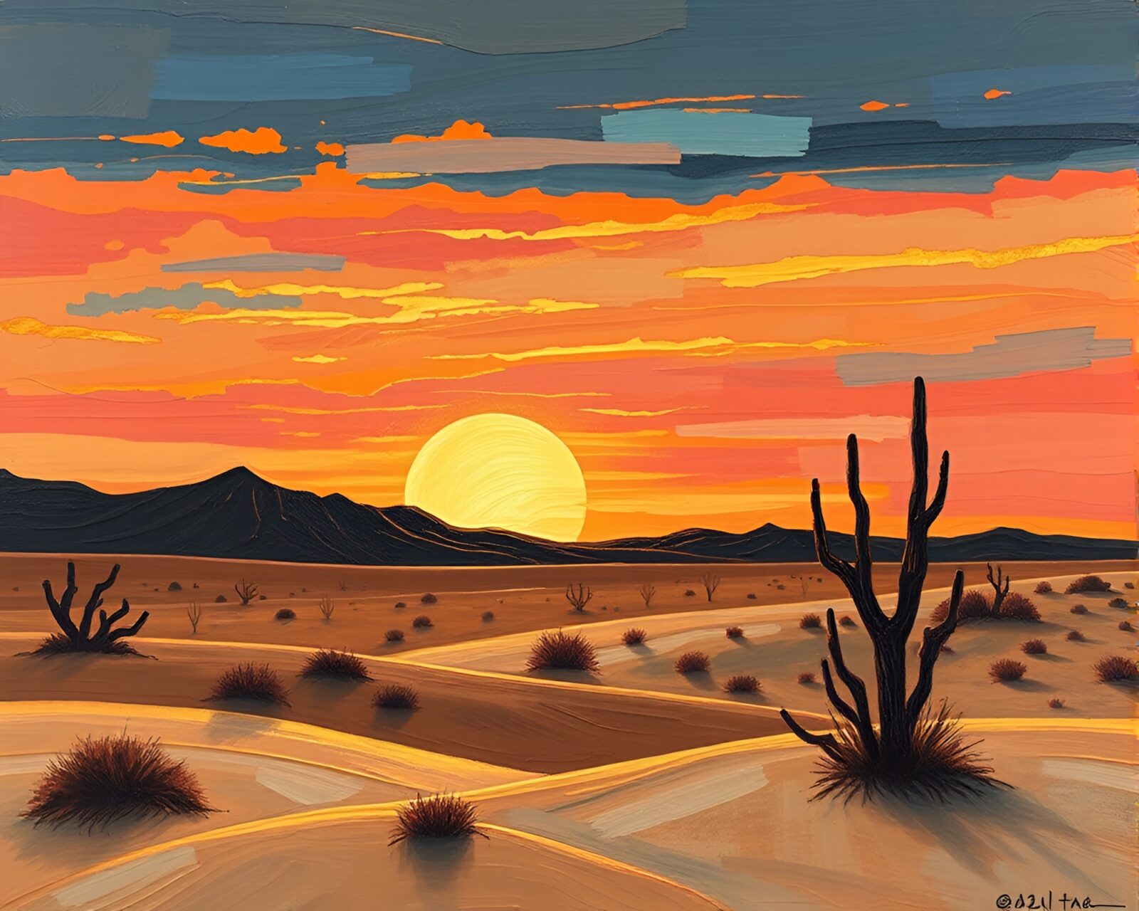 Surreal oil painting of desert sunset with gold foil highlights