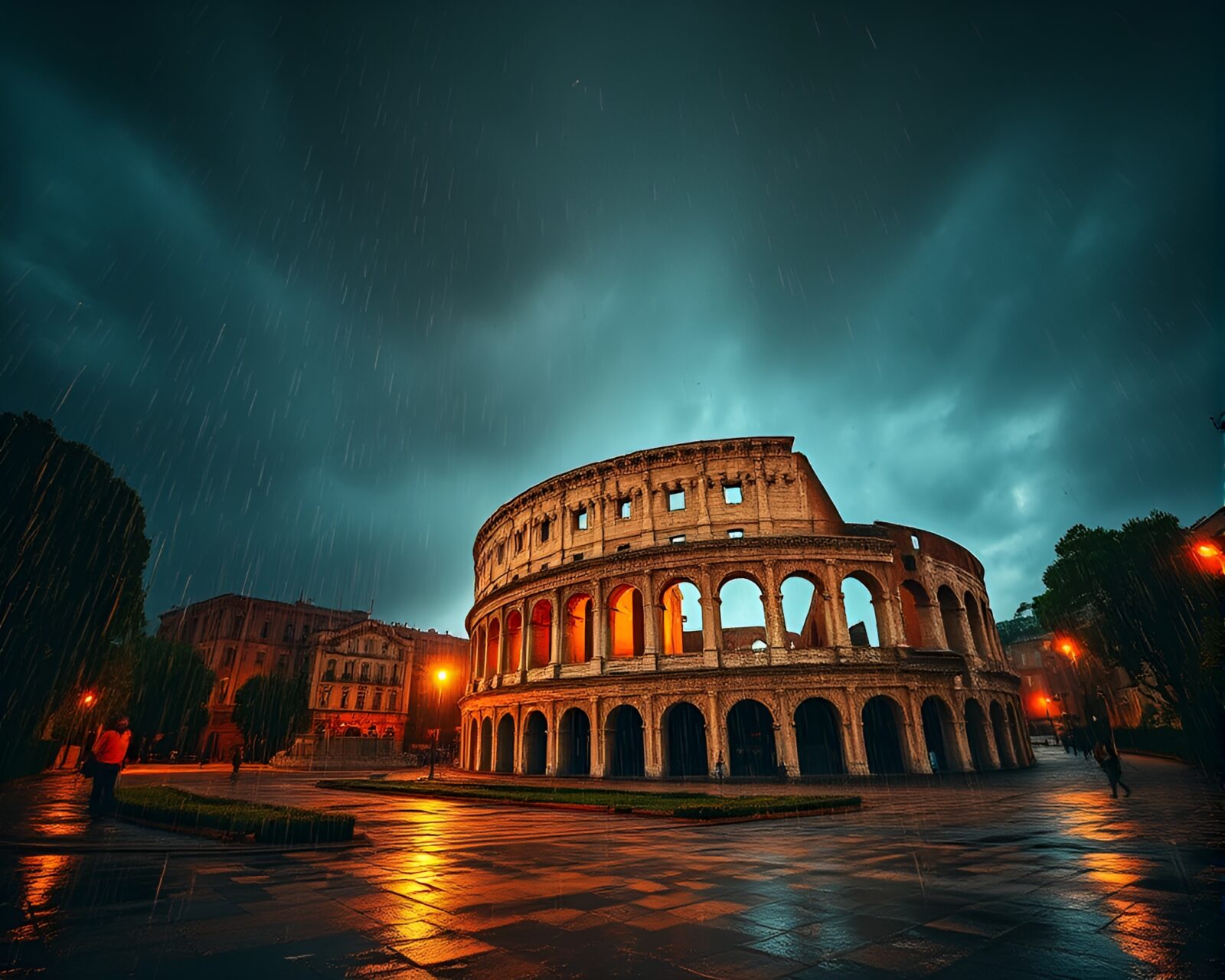 Intense HDR image of rain falling on Roman coliseum with bonfire