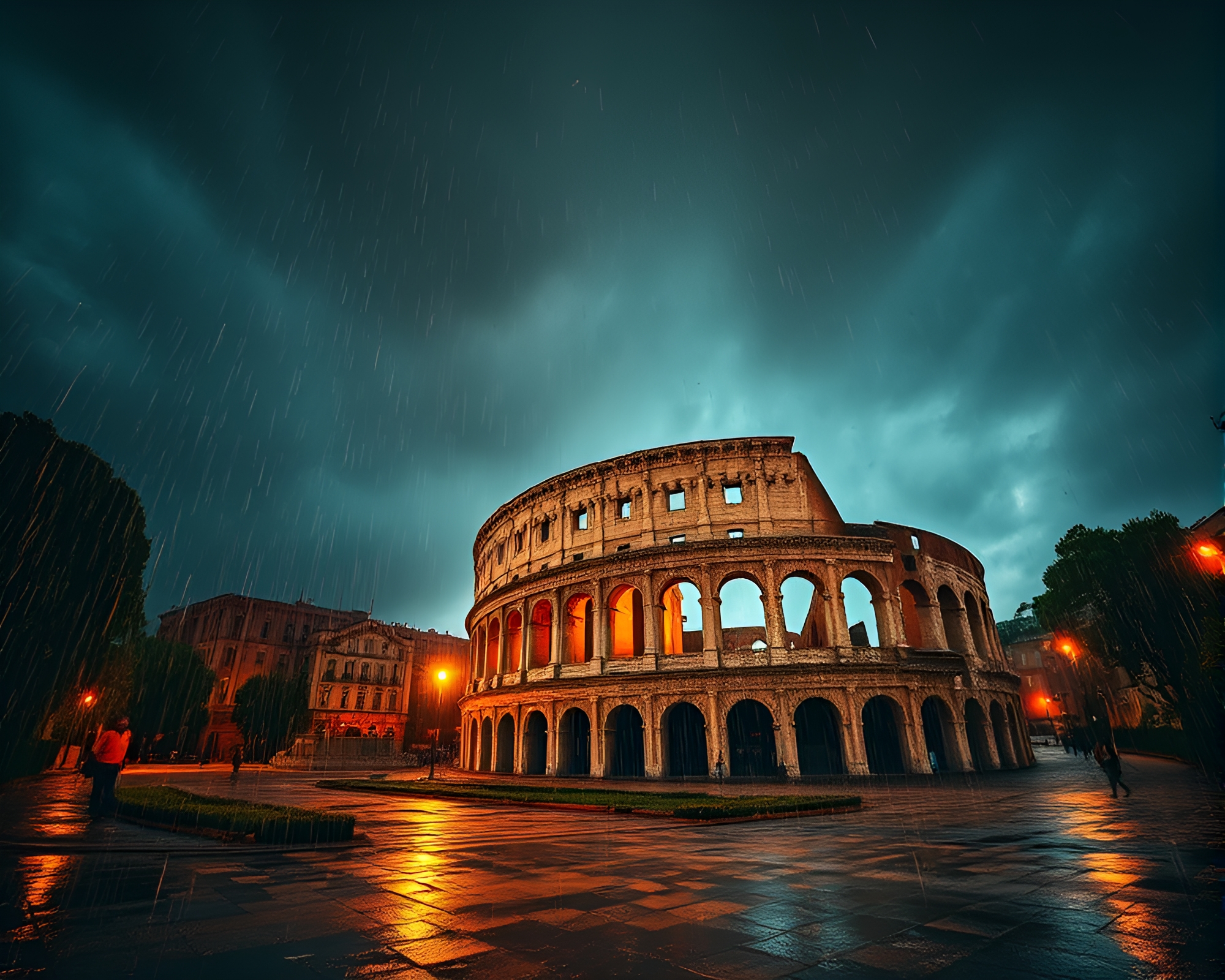Roman Coliseum Rain Droplets Bonfire Warmth HDR Image – free AI stock image