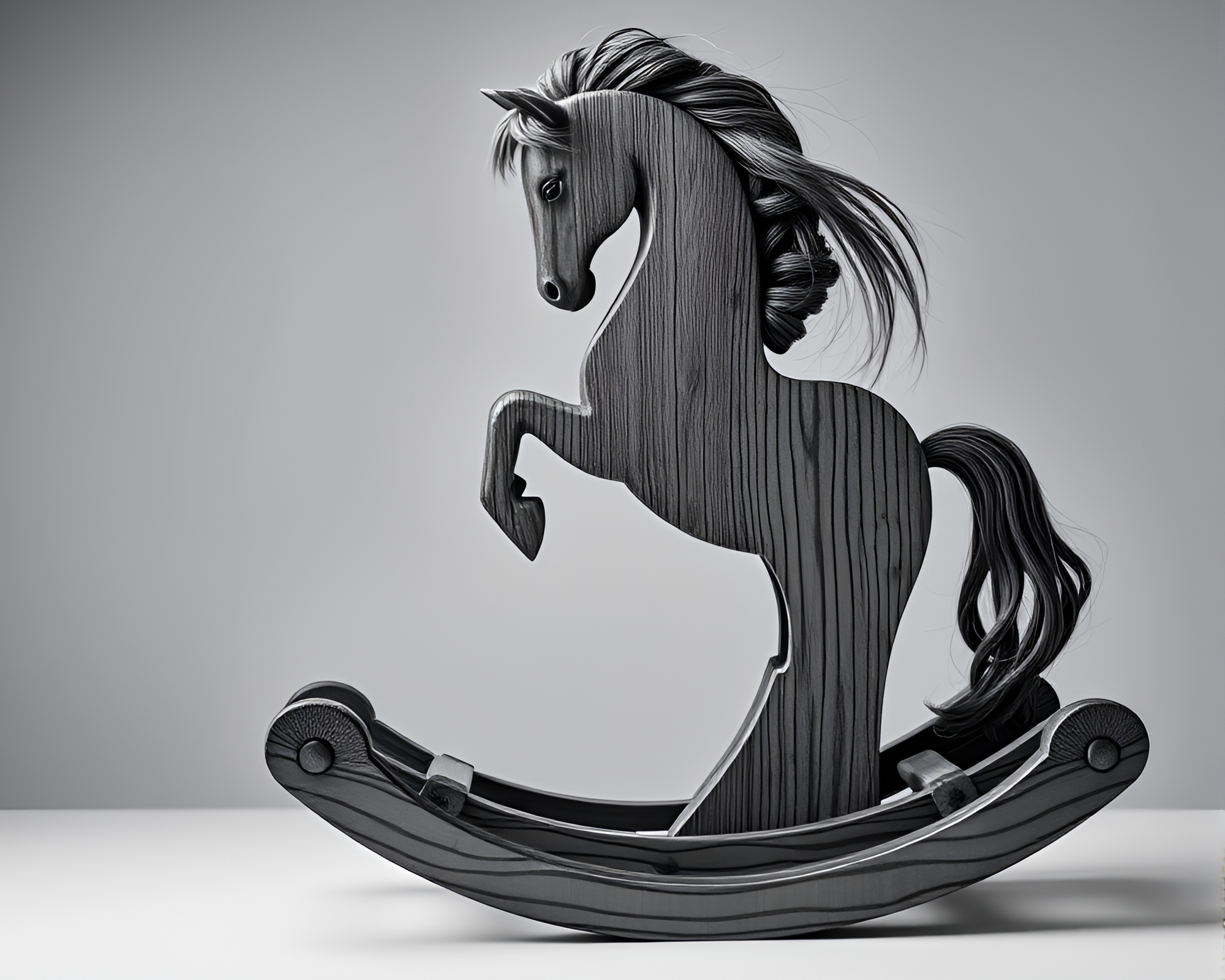Spiral Wooden Rocking Horse in Lunar Grayscale – free AI stock image