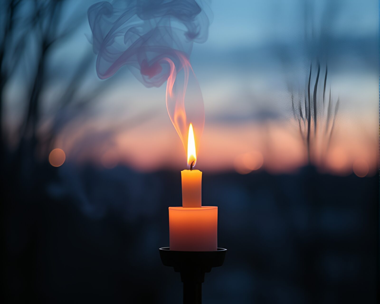 Pastel-toned candlelit scene with telescope gazing through smoke