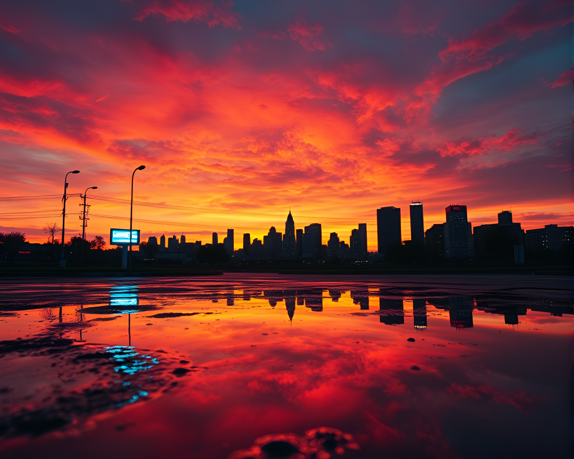 Grunge Neon City Sunset Reflection – free AI stock image