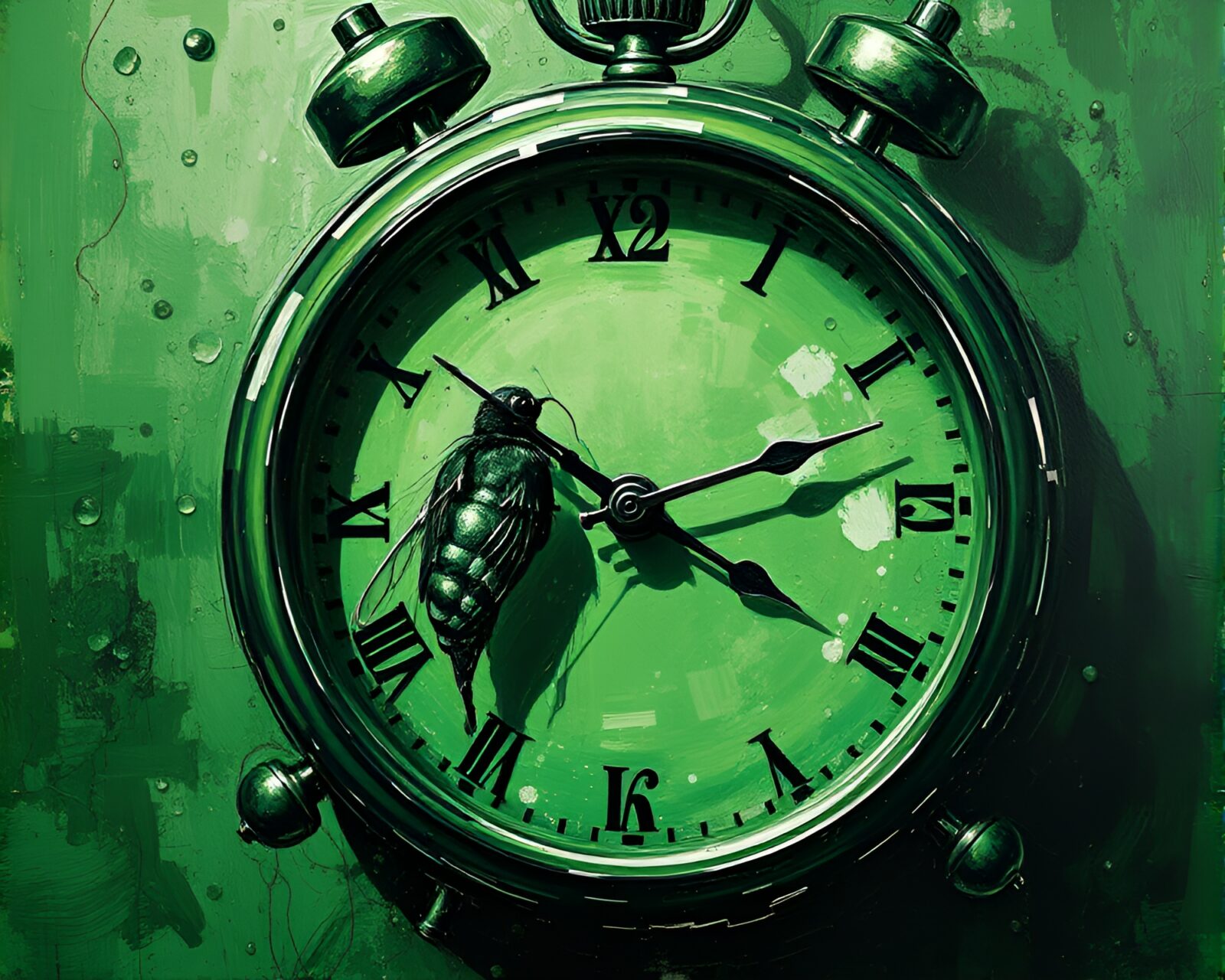Monochrome green impressionist painting of a chrono clock