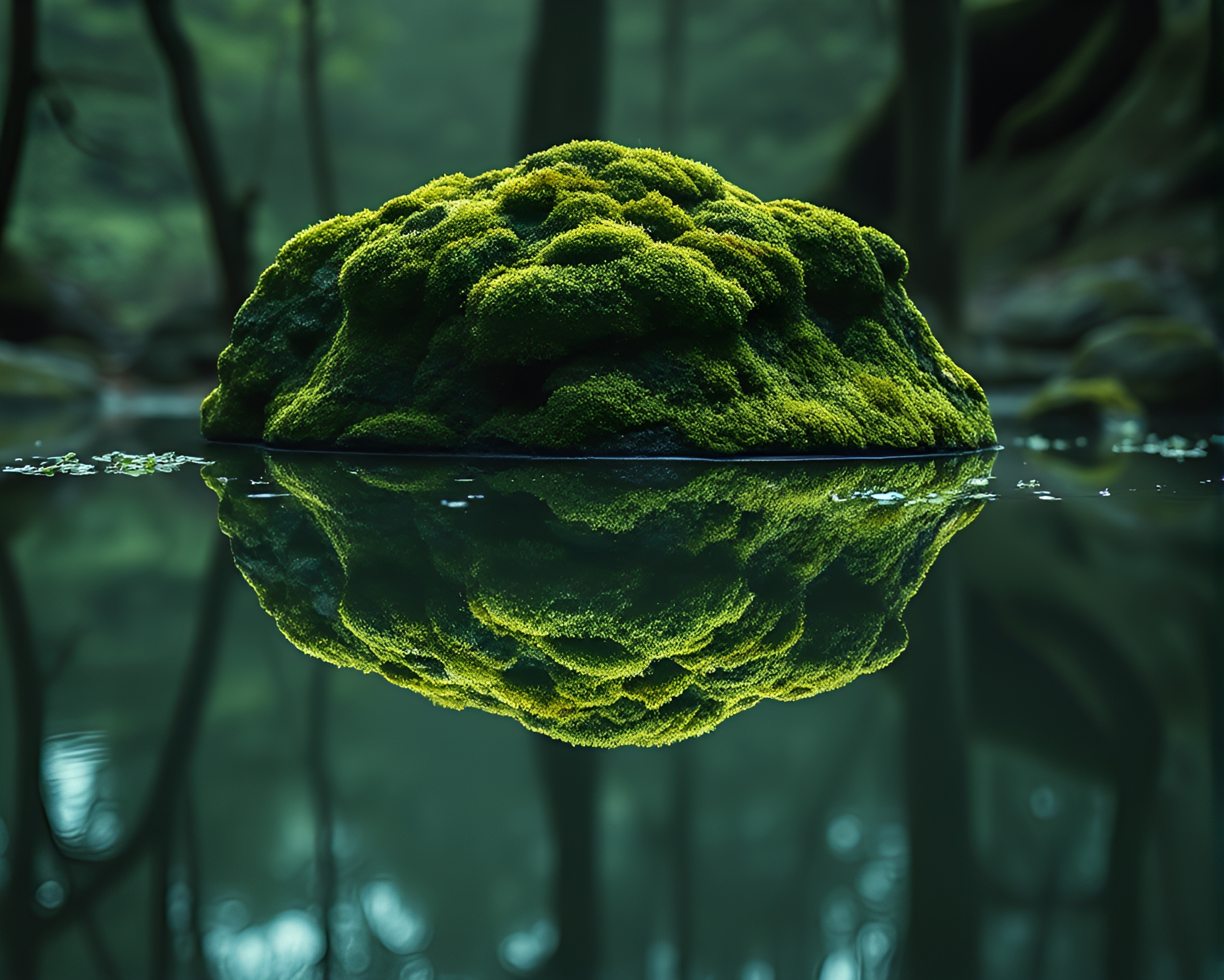 Surreal Moss-Covered Rock Reflection Silhouette – free AI stock image