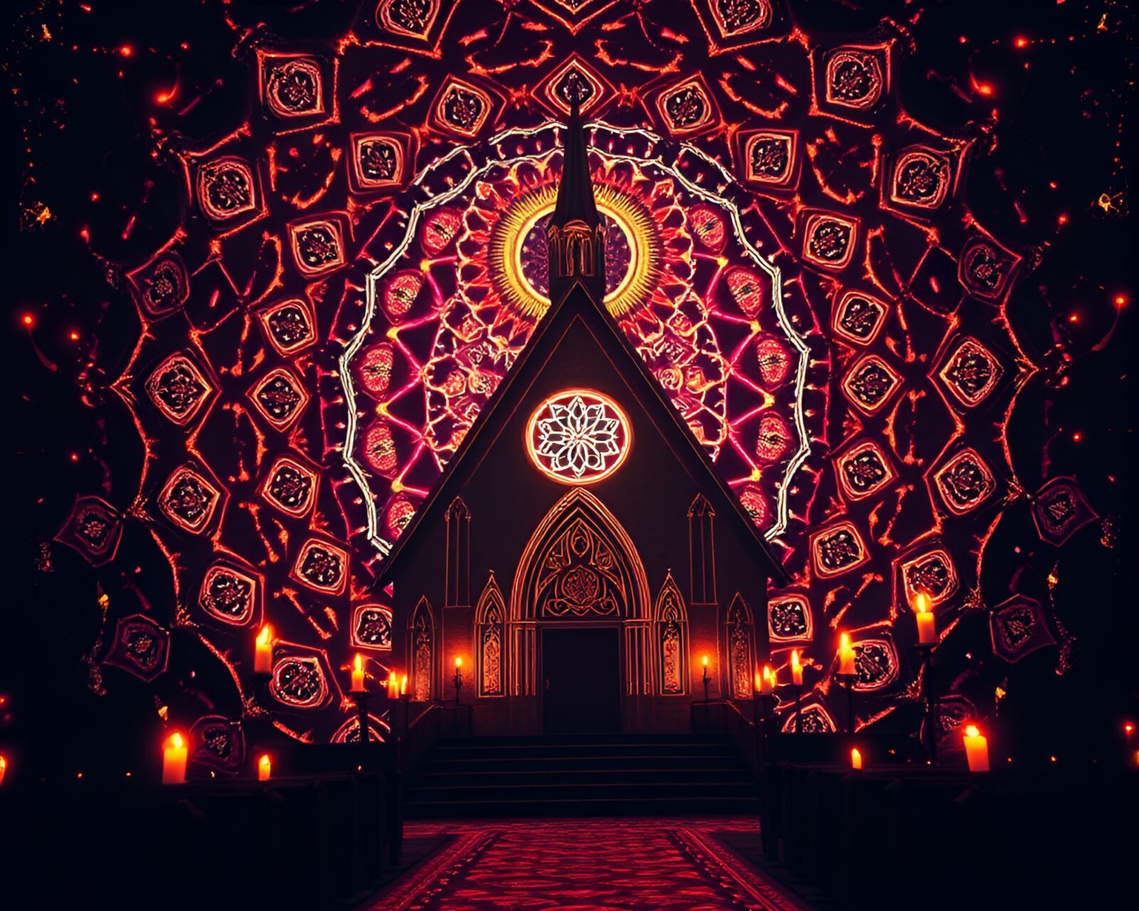 Intricate mandala glowing in thermal light at candlelit church