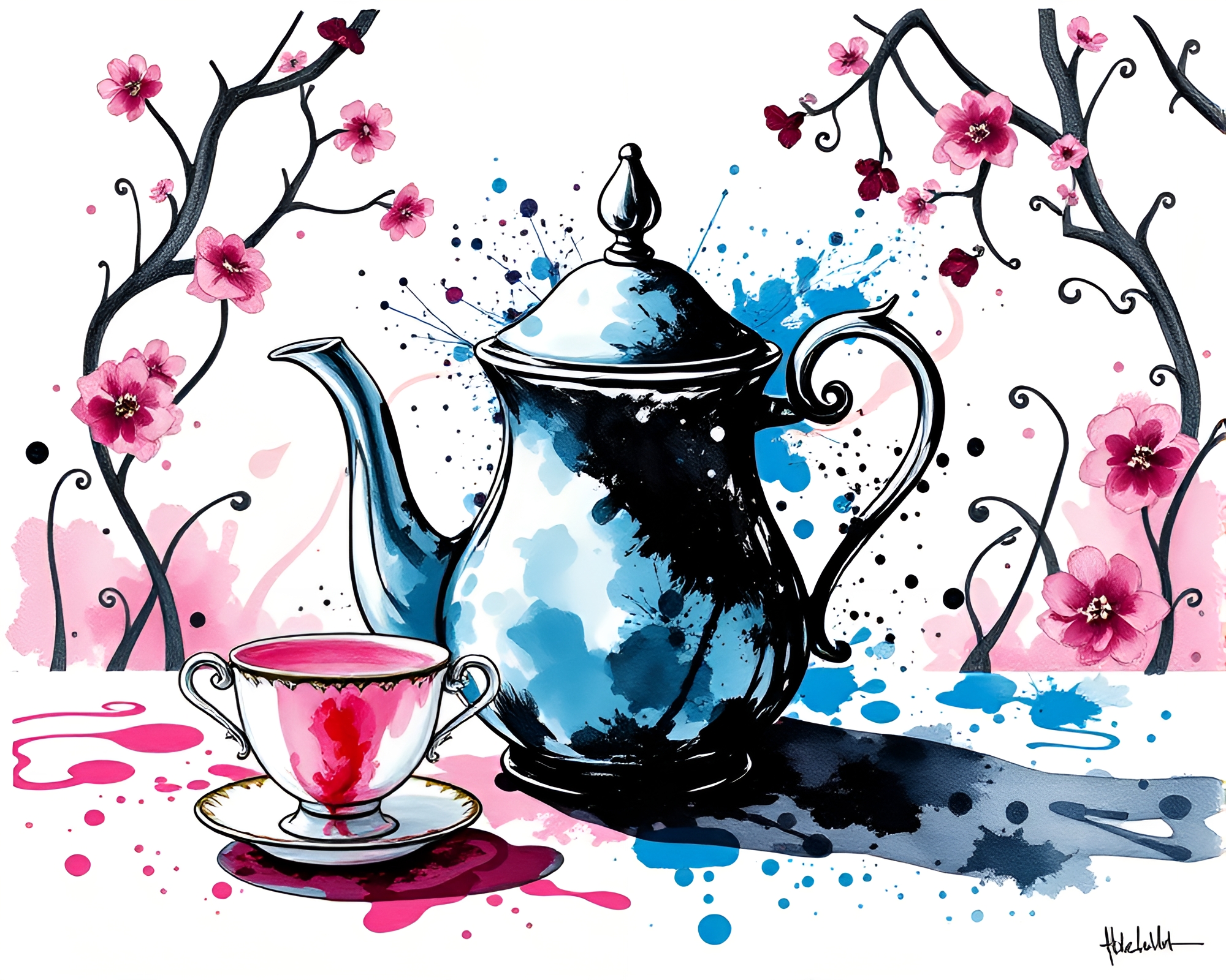Ink Splashes at Alice’s Tea Party – free AI stock image