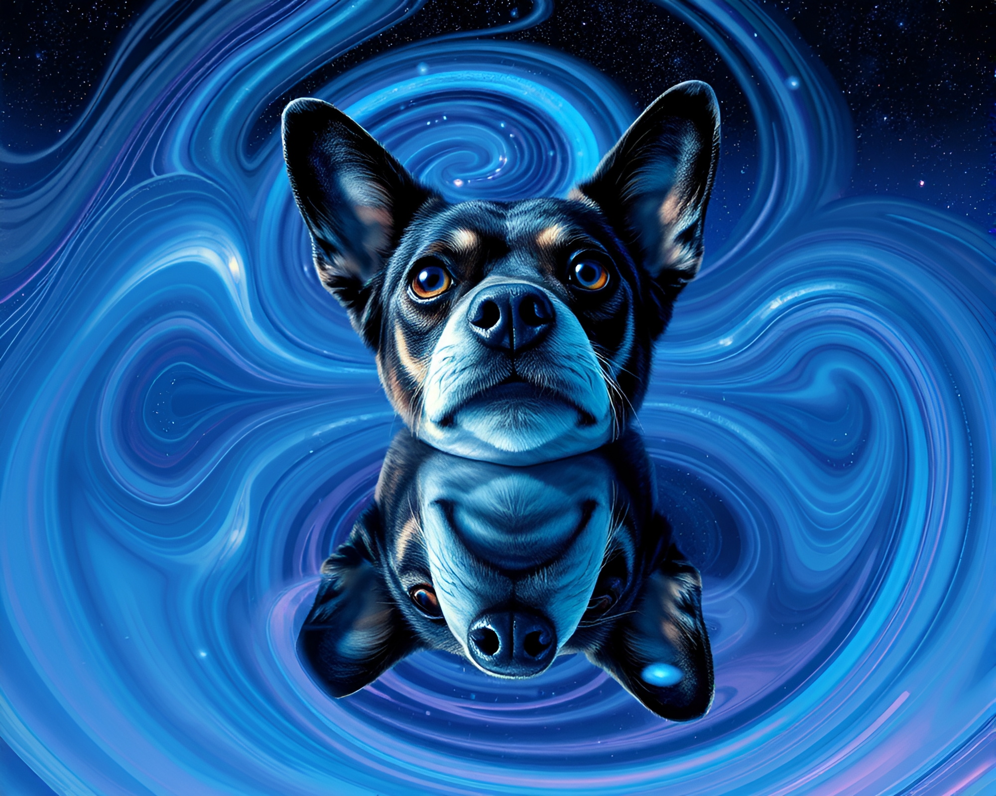 Surreal Holographic Pet Reflecting Milky Way Swirl – free AI stock image