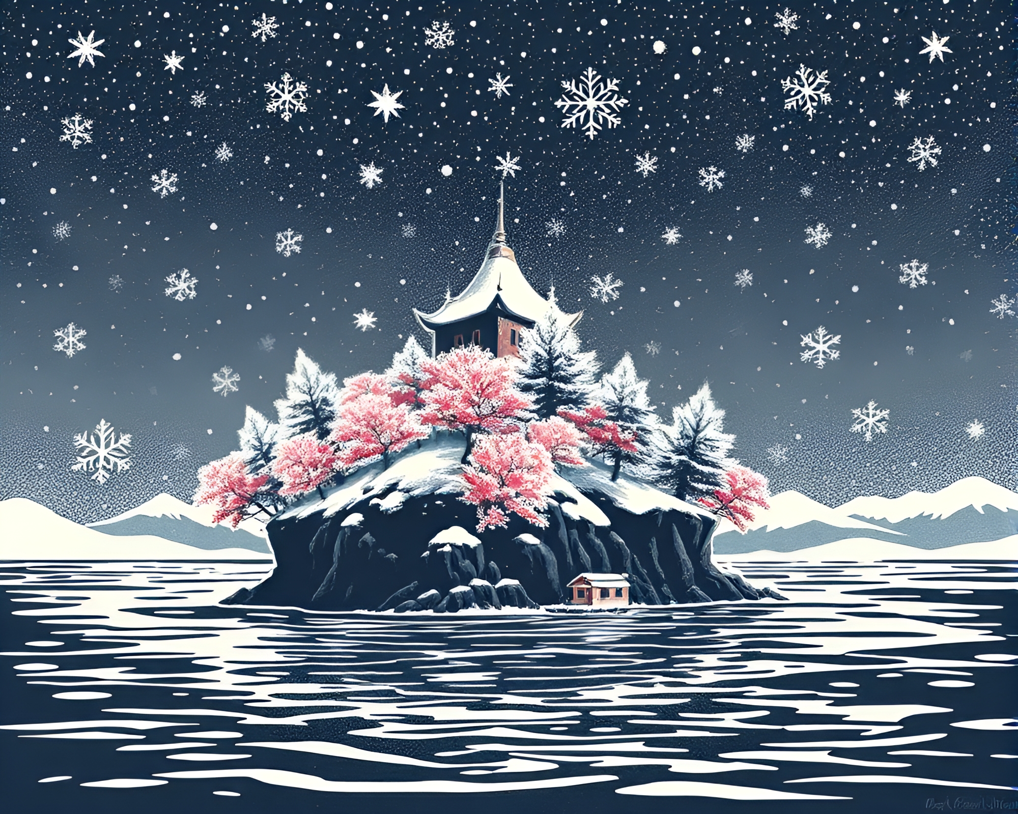 Enchanted Snowflake Island: Digital Woodcut Print – free AI stock image