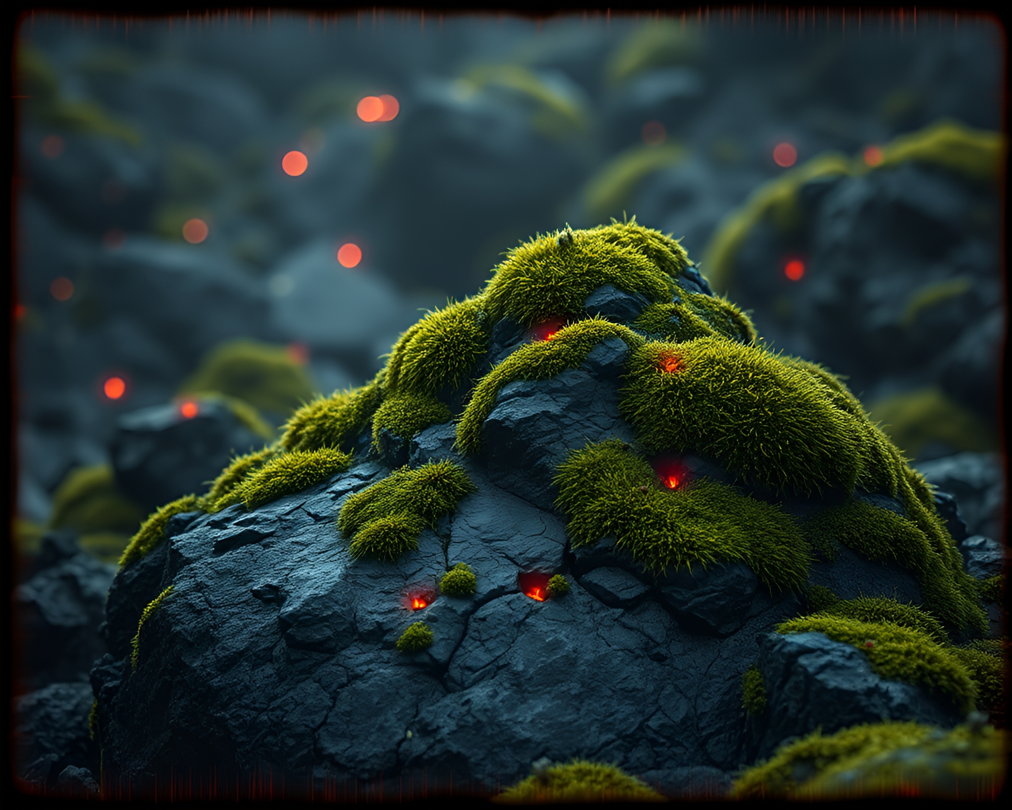 Volcano Glow: Moss-Covered Rock Vignette – free AI stock image