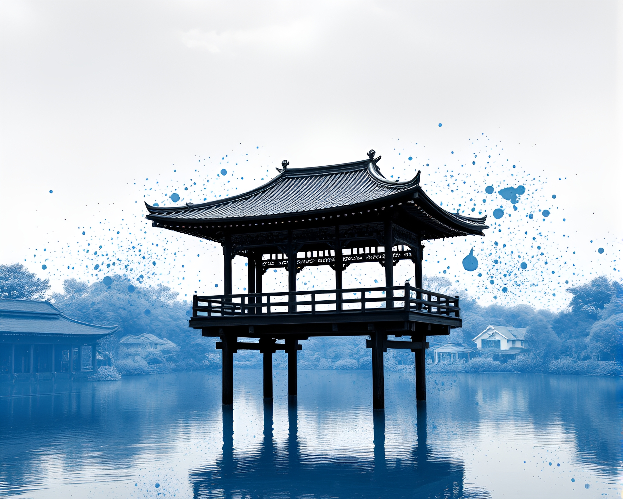 Monochrome Blue Floating Pavilion Splatter Art Composition – free AI stock image