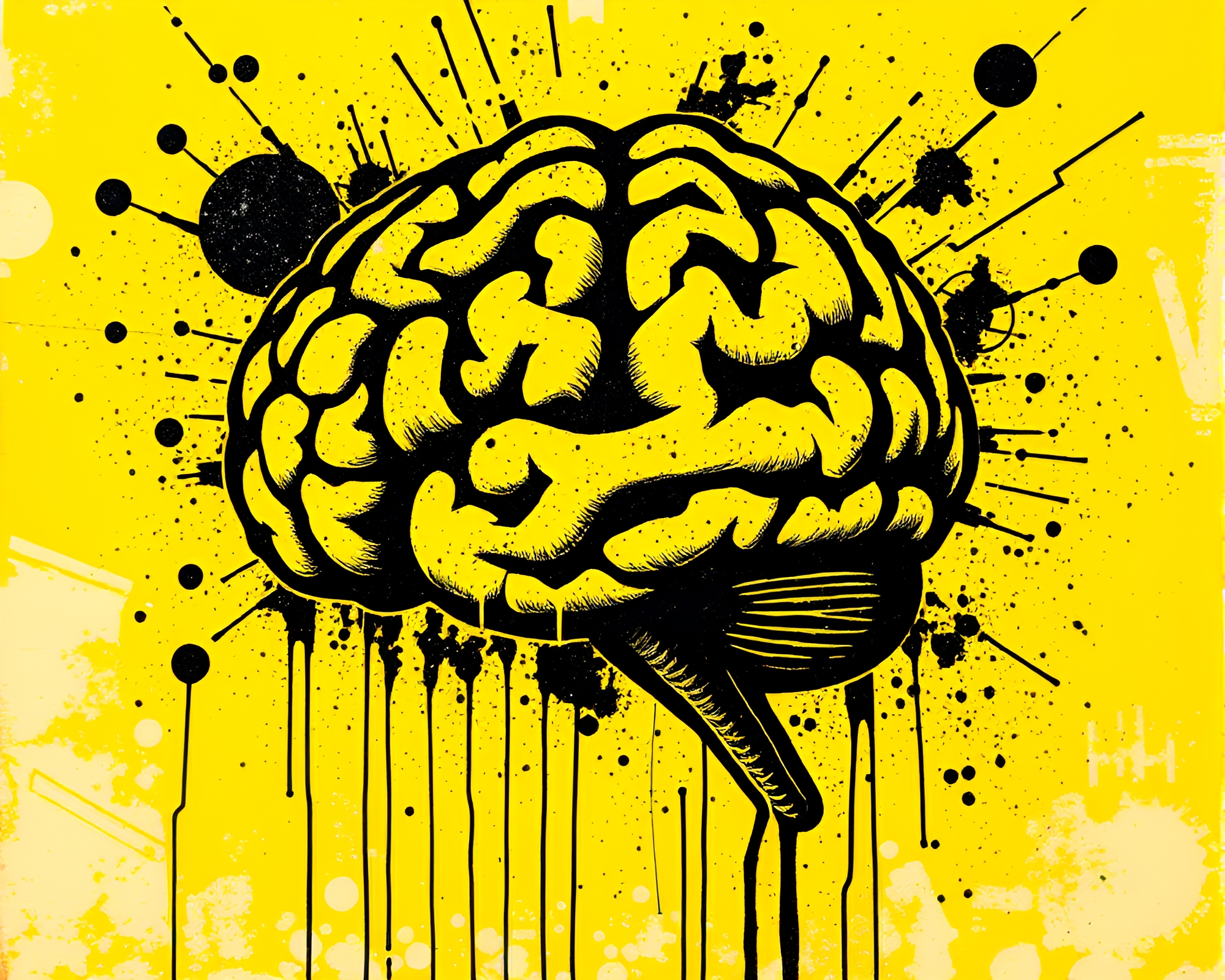 AI Brain Graffiti in Lemon Yellow Linocut Textures – free AI stock image