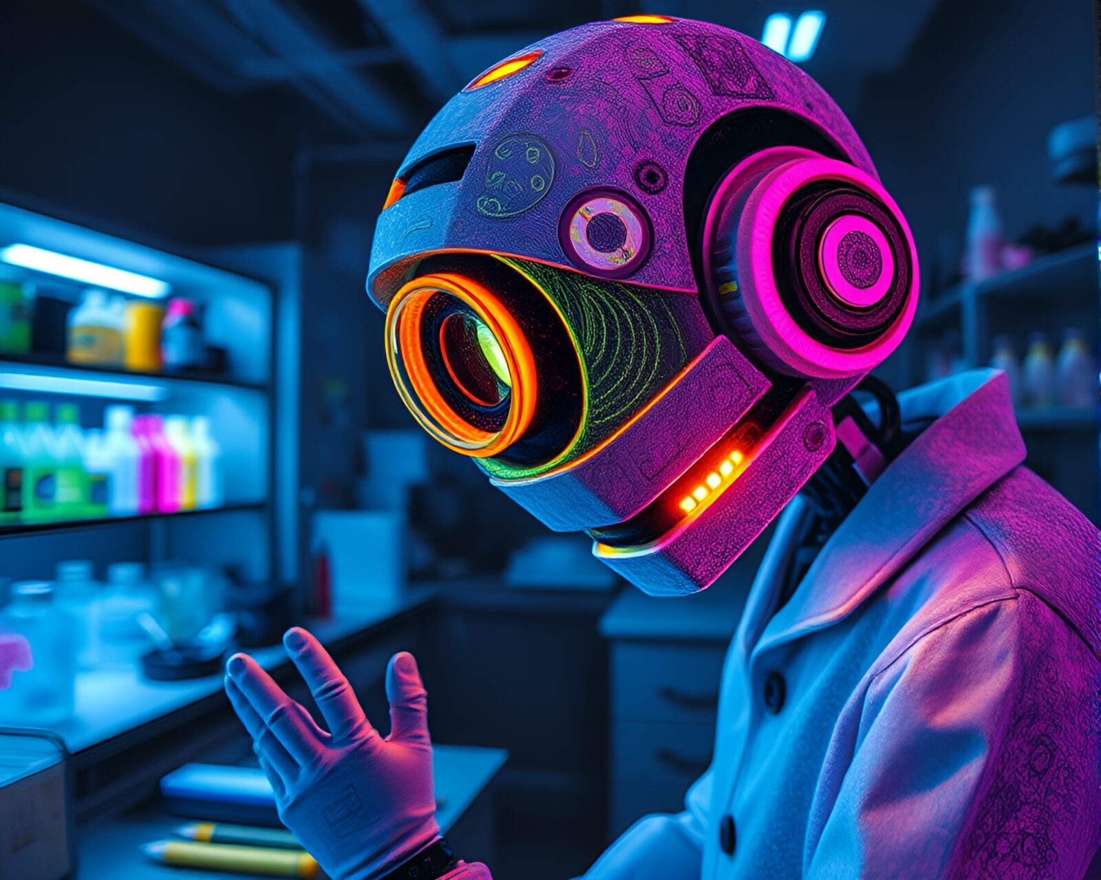 Glowing robotic lab in conté crayon drawing style