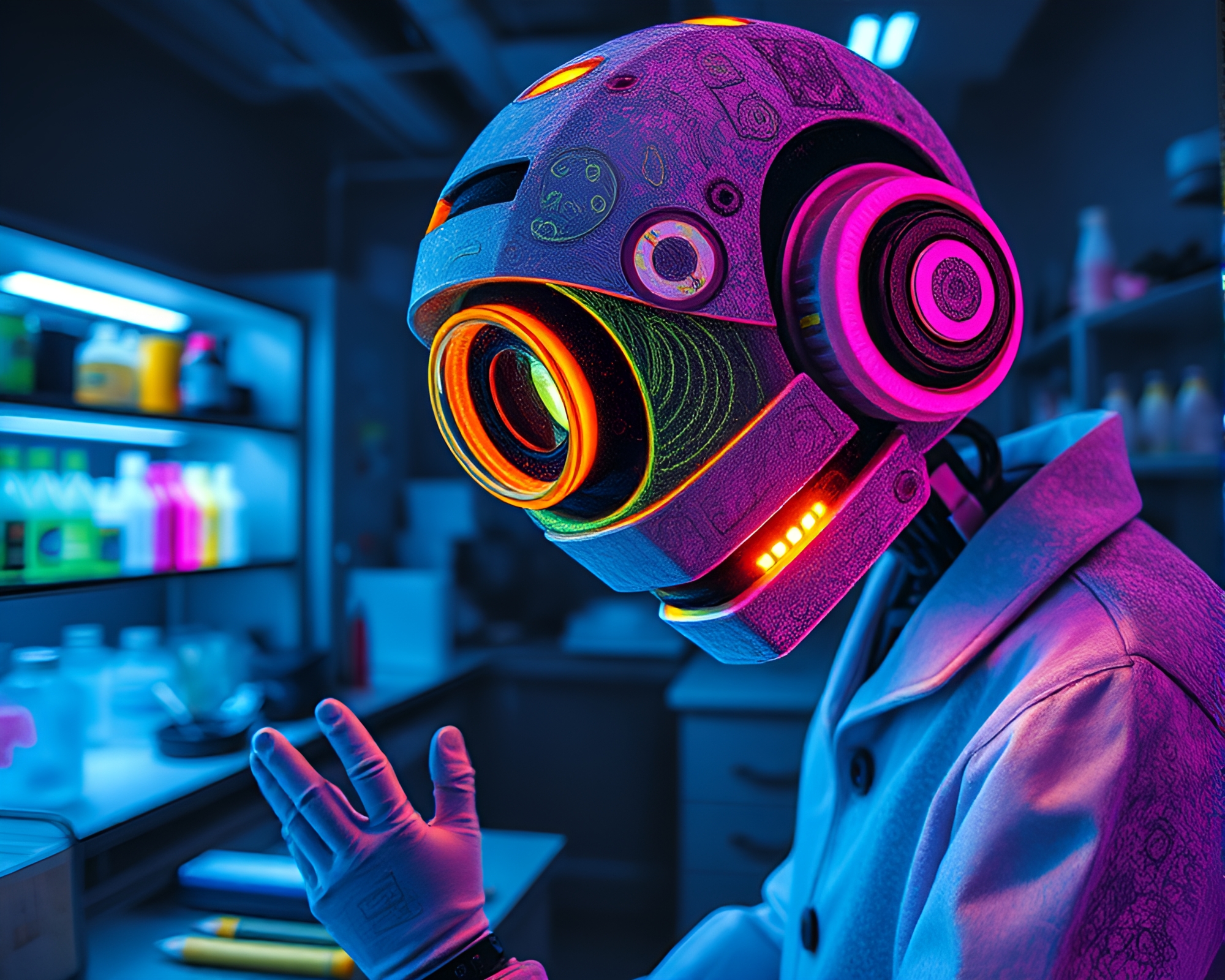Bioluminescent Robotics Laboratory with Fisheye Conté Crayon Art – free AI stock image