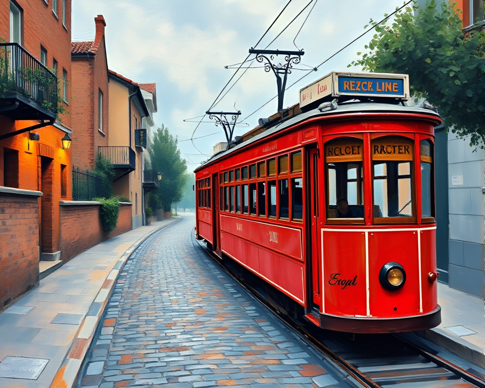 Fantastical ruby red lit scene with cable car on cobblestone path