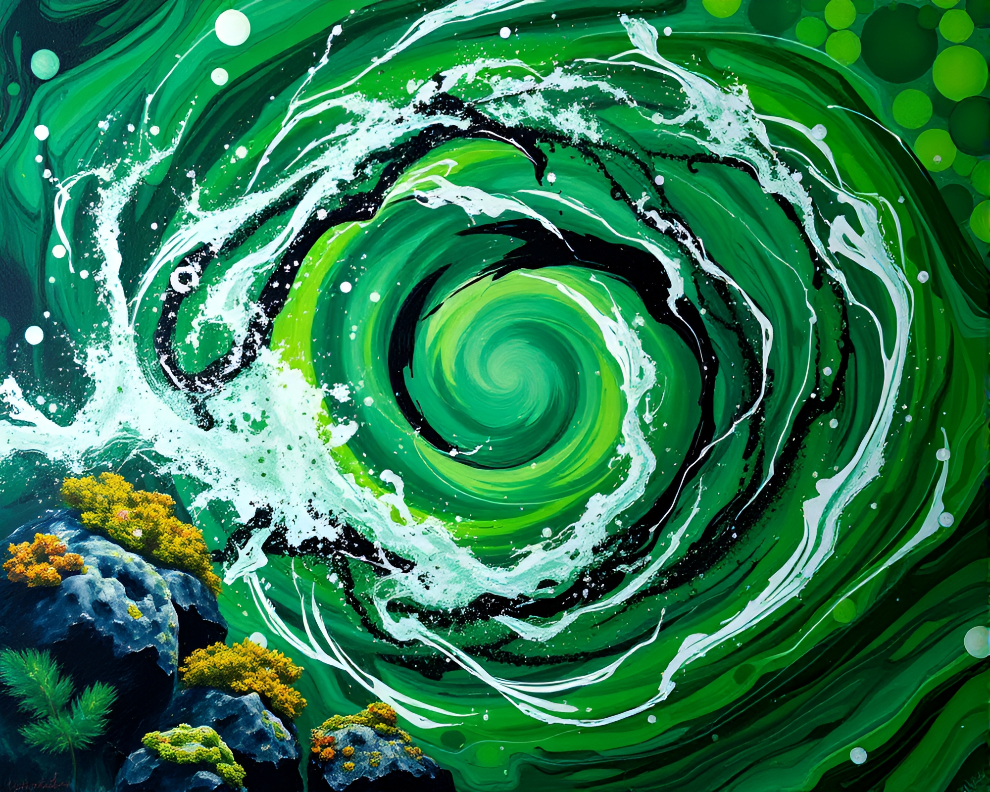 Emerald Reef Vortex Splatter Art Composition – free AI stock image