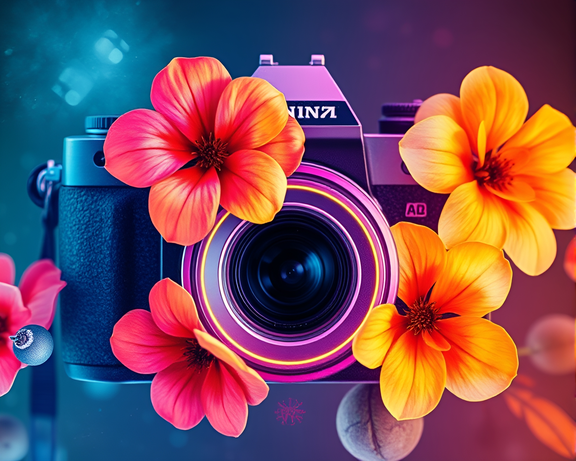 Neon Camera Captures Watercolor Blooms in Hatching Style – free AI stock image