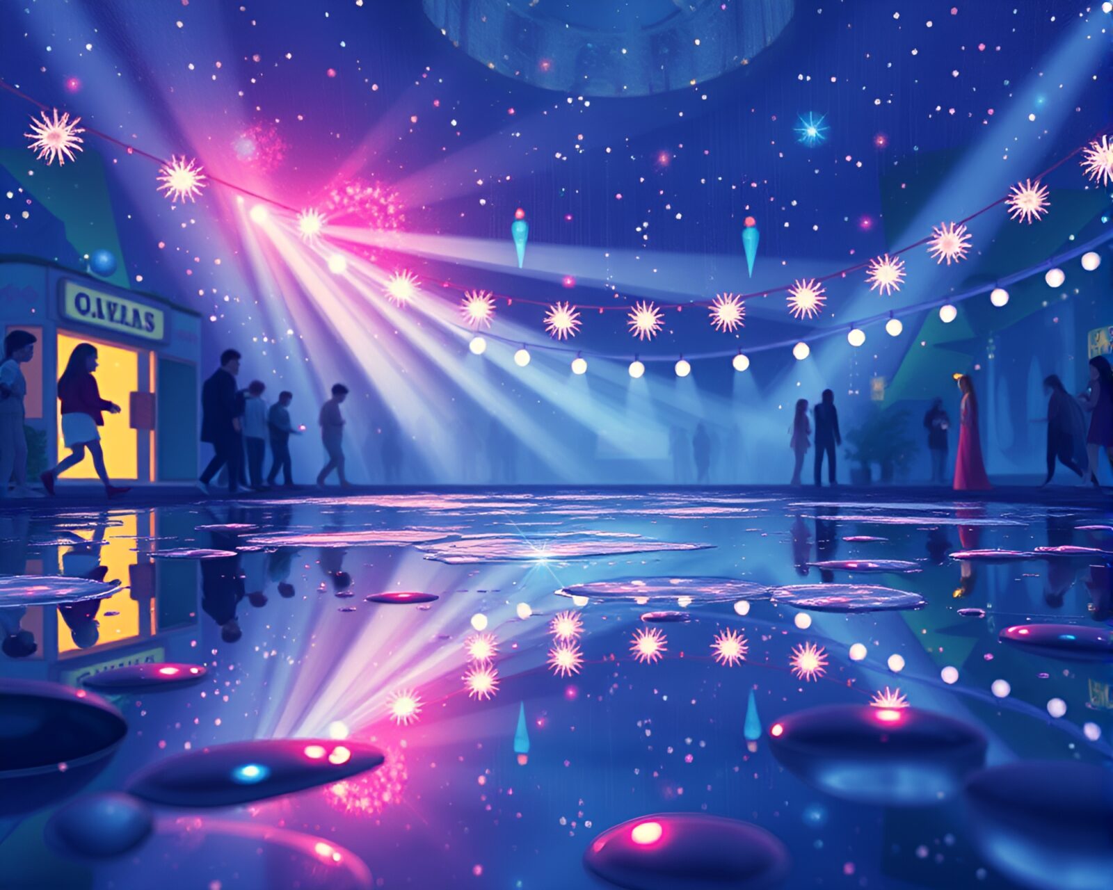 Colorful crystal floating in puddle reflecting club lights