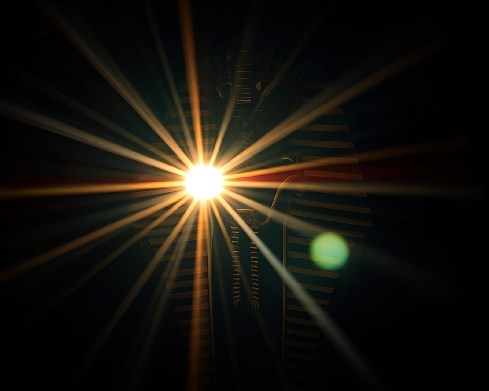 Golden ancient Pharaoh mask with lens flare at dark cave entrance