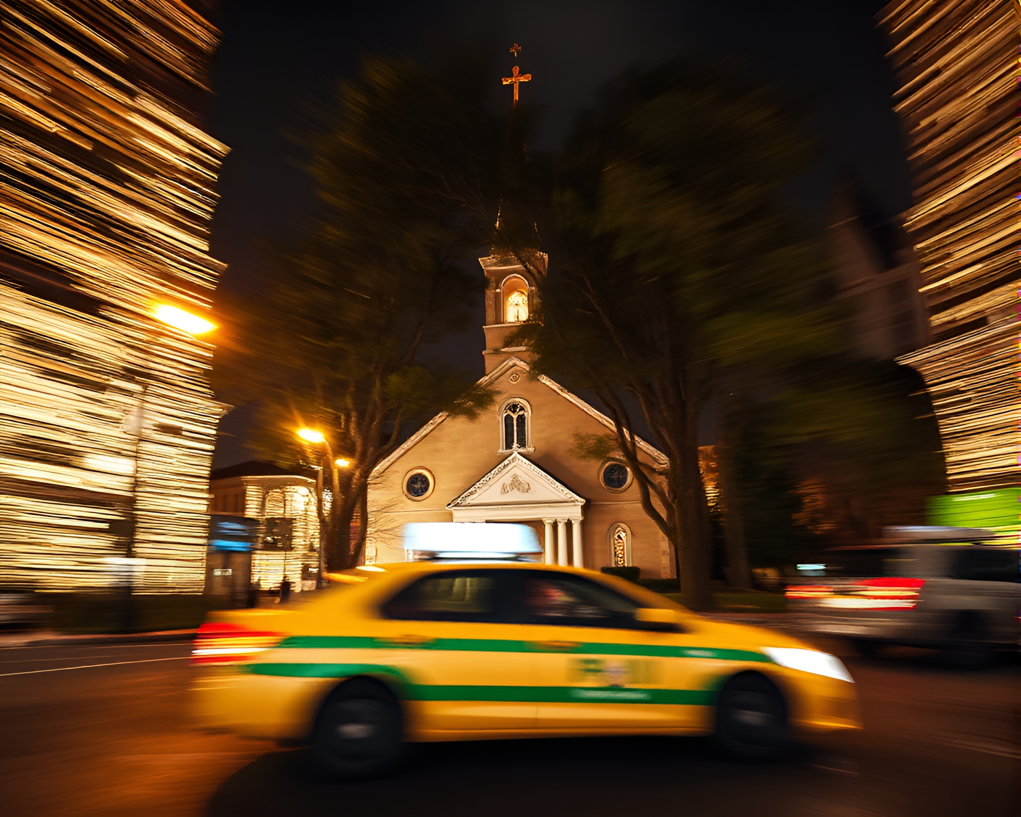 Taxi Streaking Through Enchanted Grove at Night – free AI stock image
