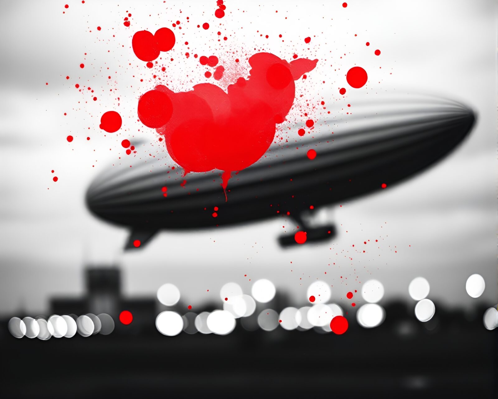 A surreal image of a Zeppelin in a crimson mist with splatter art details