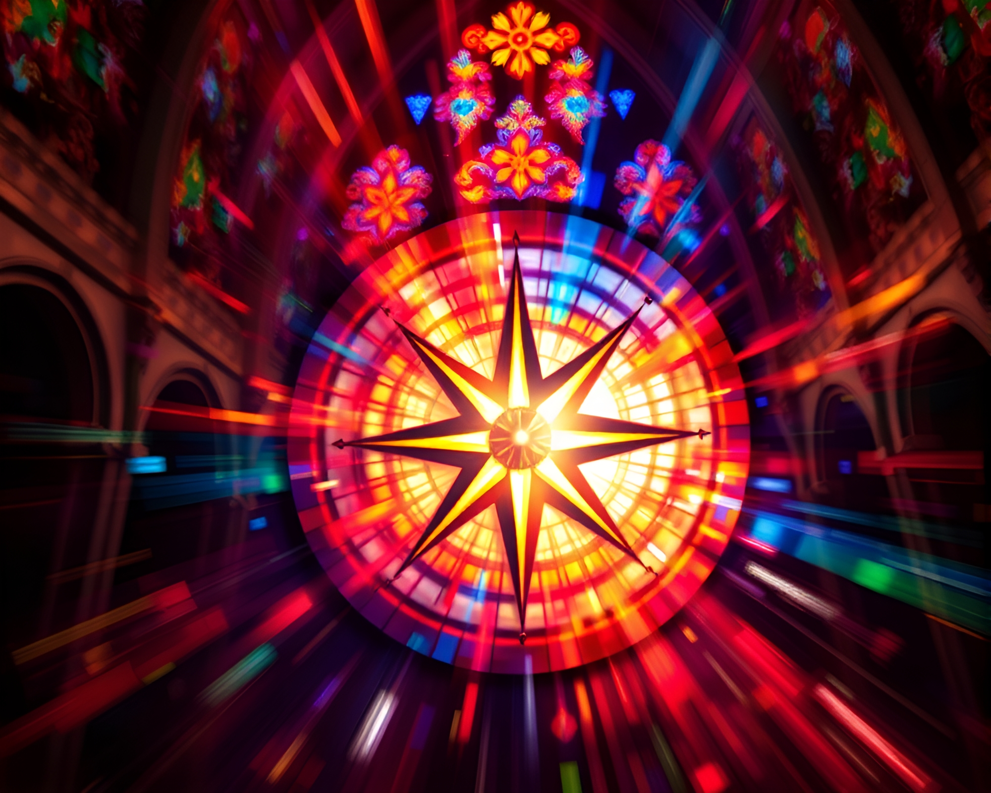 Swirling Compass Stained Glass Cathedral Mural Painting – free AI stock image
