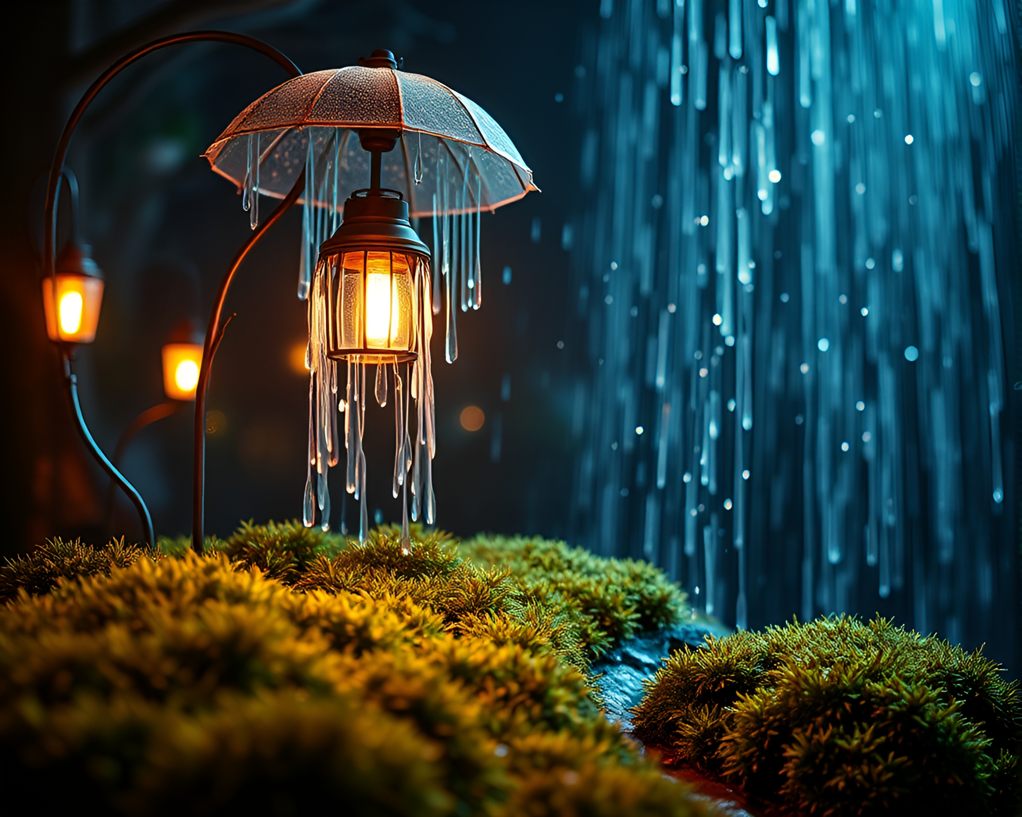 Neon-lit Umbrella in Mossy Lantern Light – free AI stock image