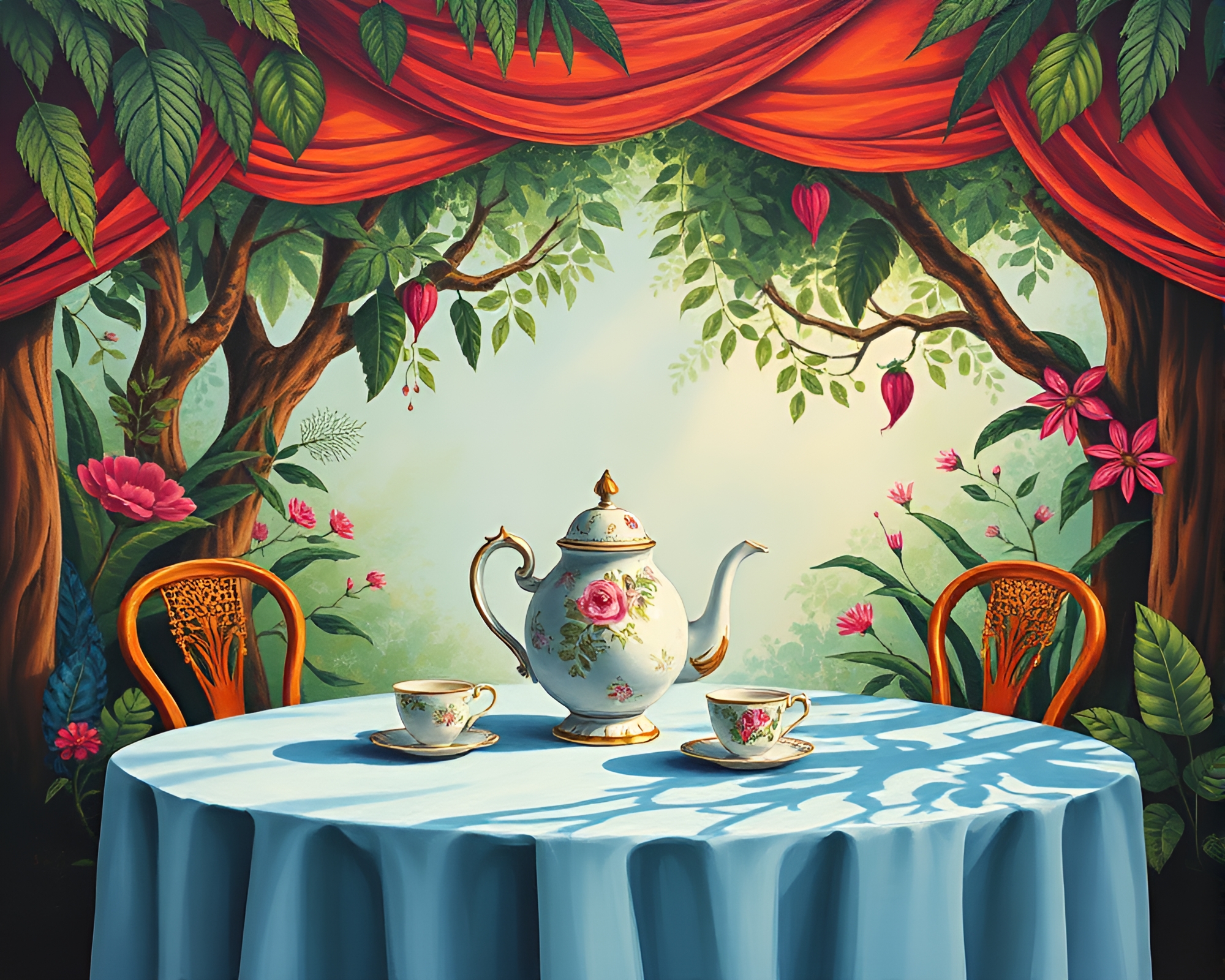 Alice in Wonderland Tea Party Under Jungle Canopy – free AI stock image