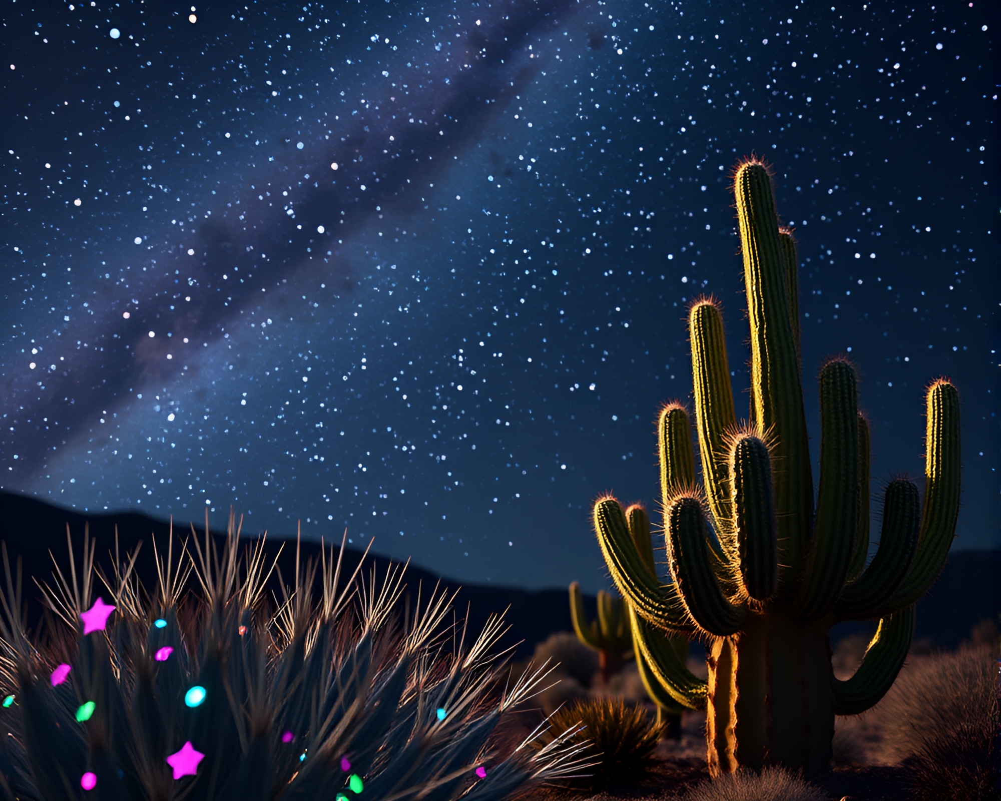 Glowing Neon Cactus Under Starlit Night Sky – free AI stock image