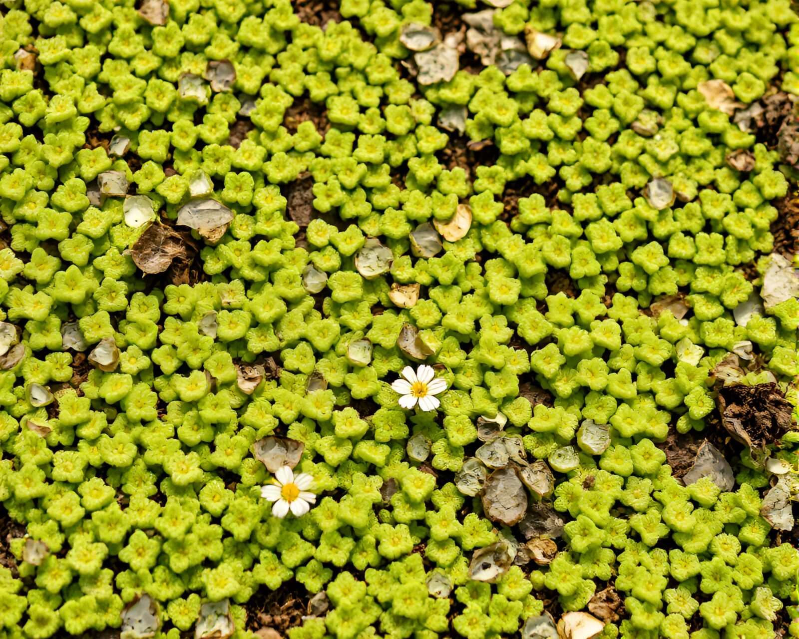Vibrant flowers in meadow with lichen textures under clear lighting