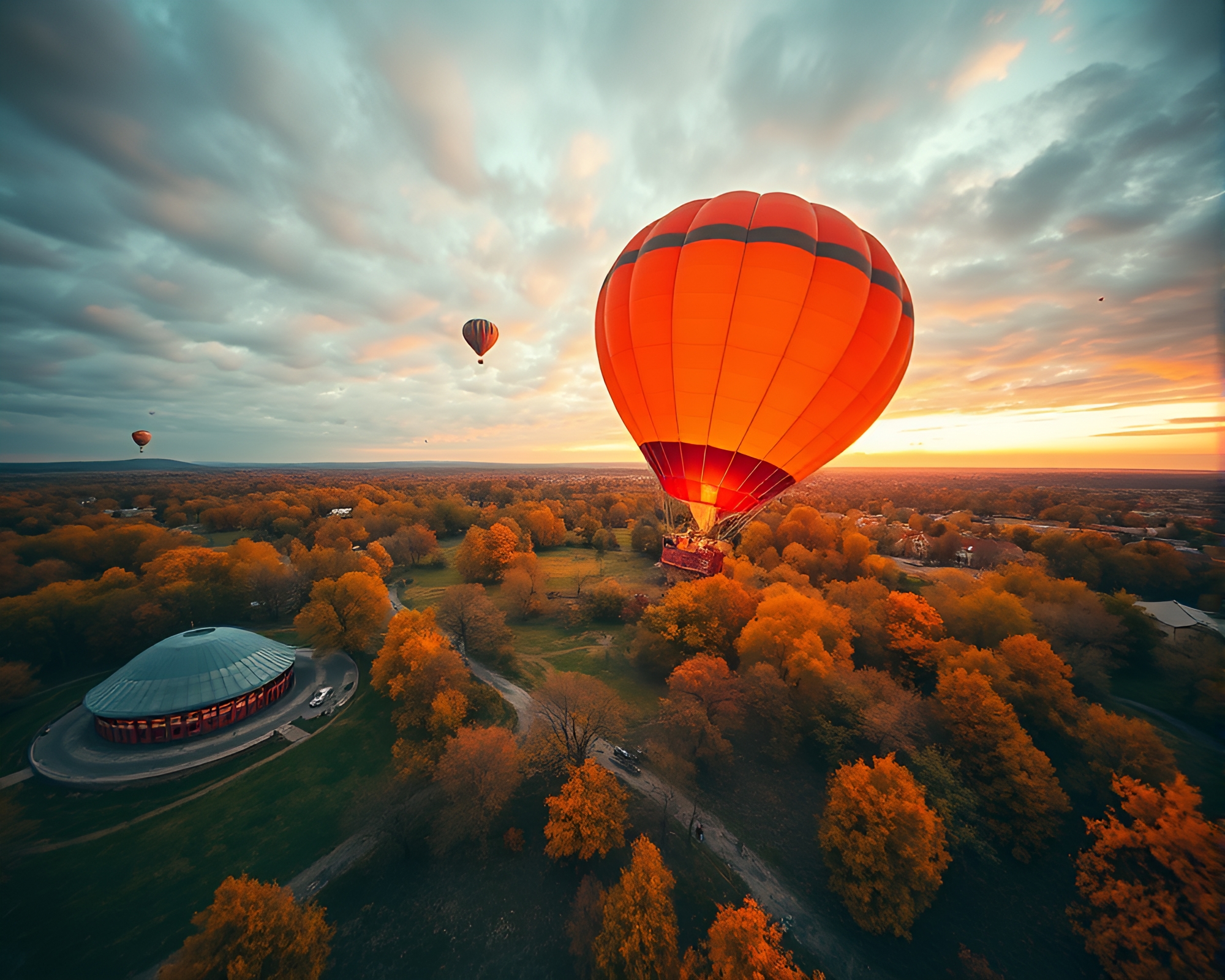 Grisaille Hot Air Balloon Soaring in Burnt Orange Sky – free AI stock image