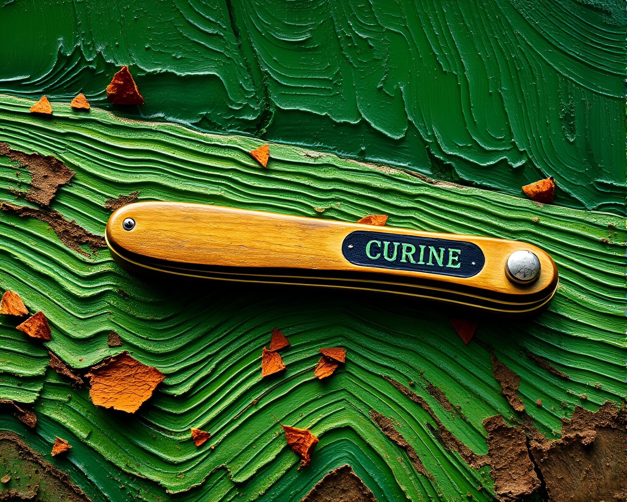 Rusty Pocketknife in Emerald Green Light – free AI stock image