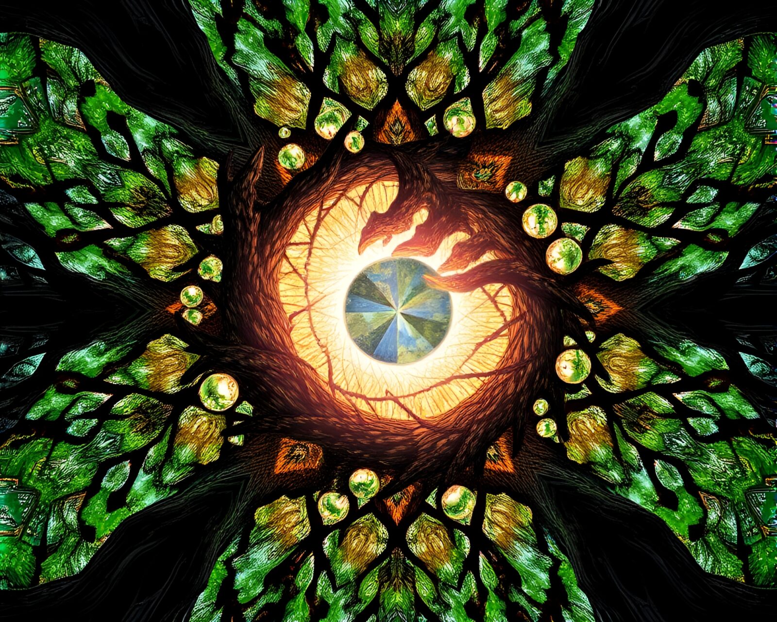 Fantasy dragon surrounded by shimmering tree rings artwork