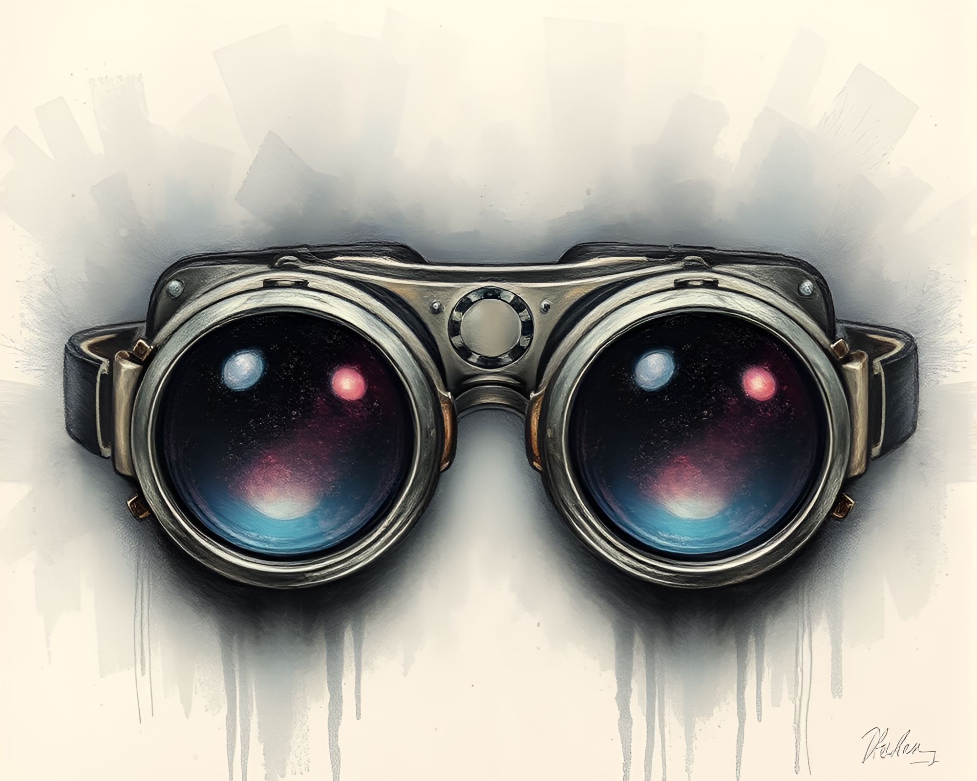 Steampunk Goggles in Digital Twilight Conté Crayon Drawing – free AI stock image