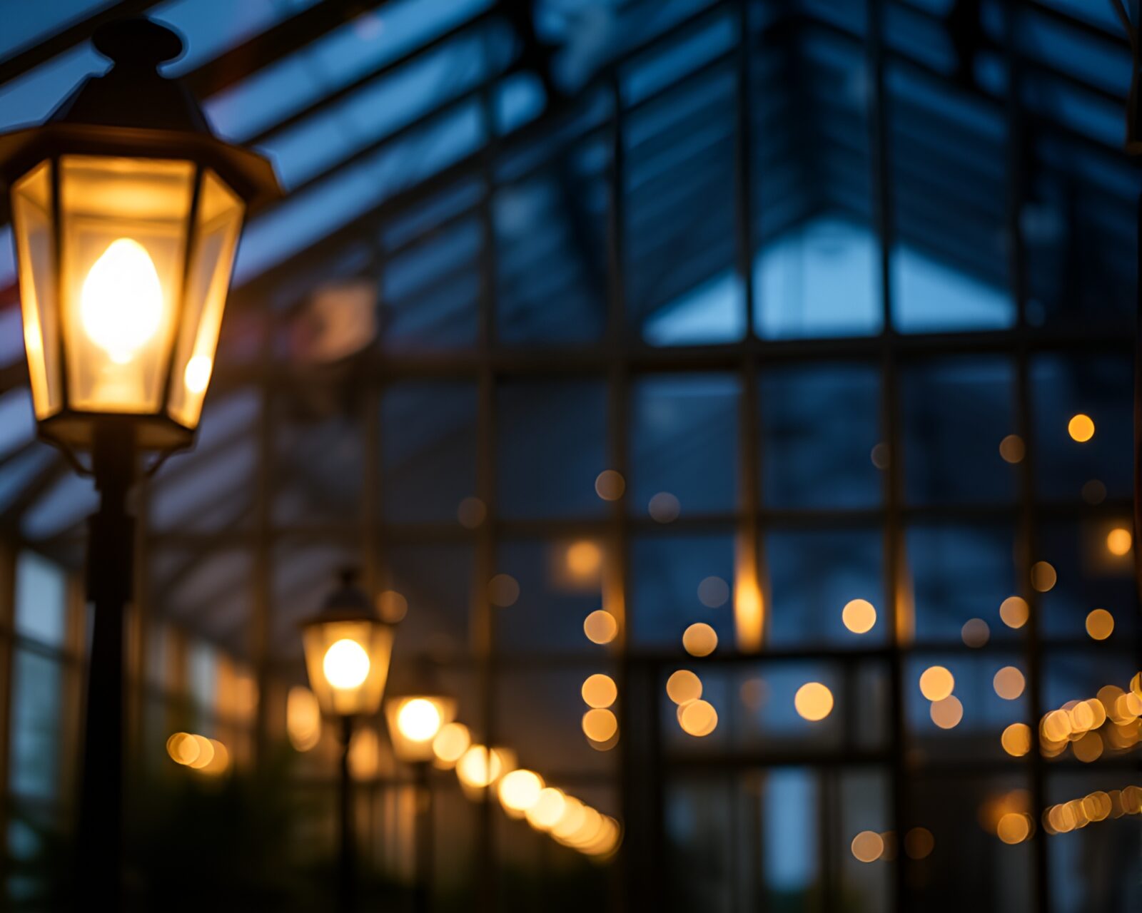 Serene night scene of greenhouse and streetlamp reflections